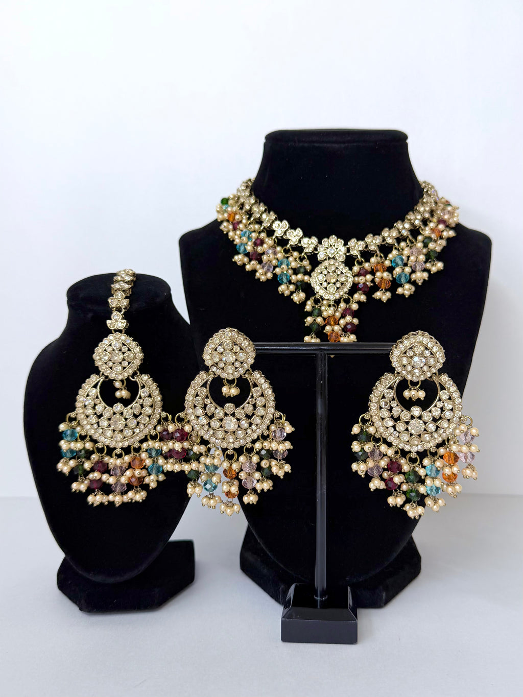 Bollywood Ziana Stonwork Necklace Set with Earrings and Tikka