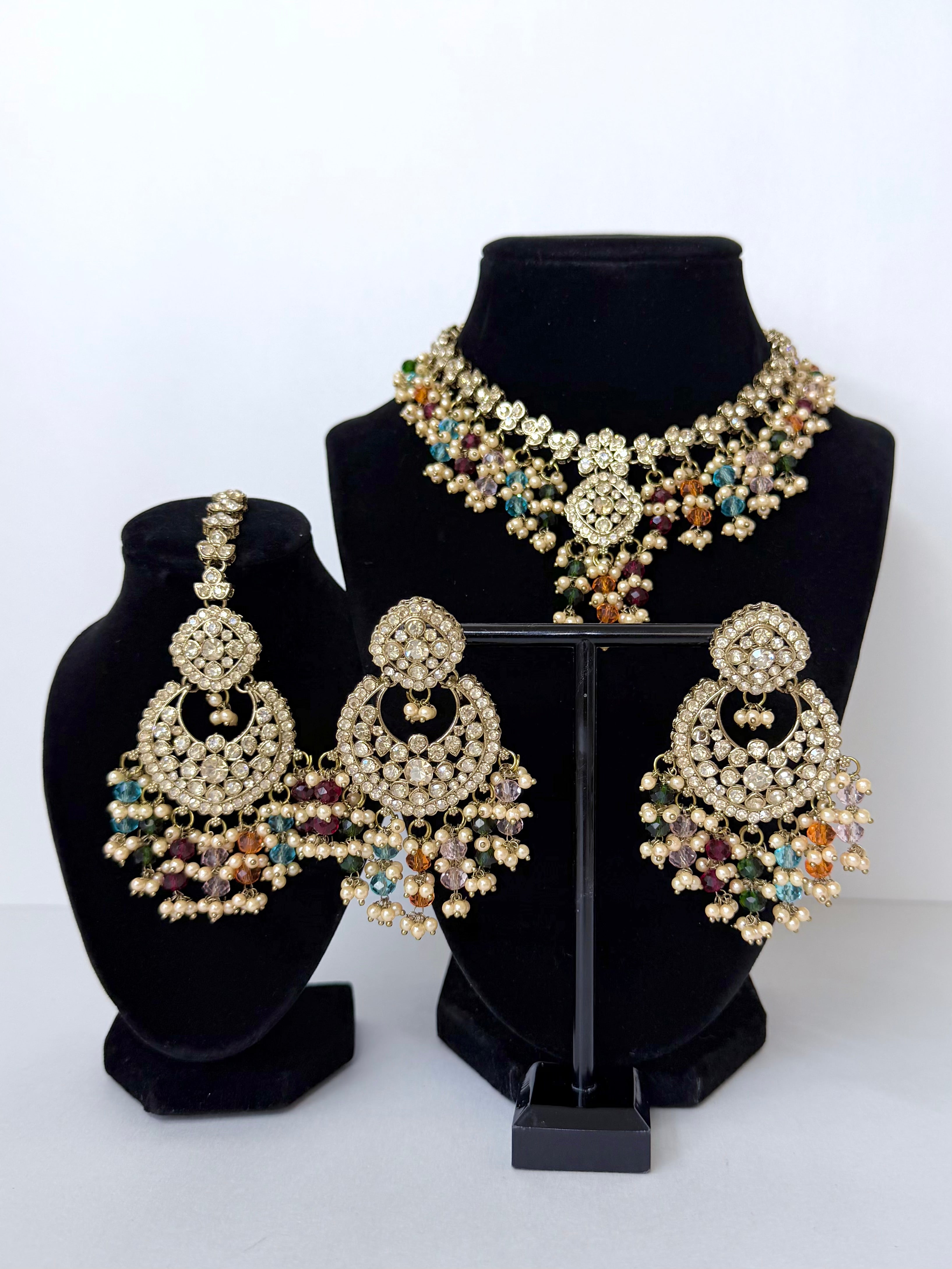 Bollywood Ziana Stonwork Necklace Set with Earrings and Tikka