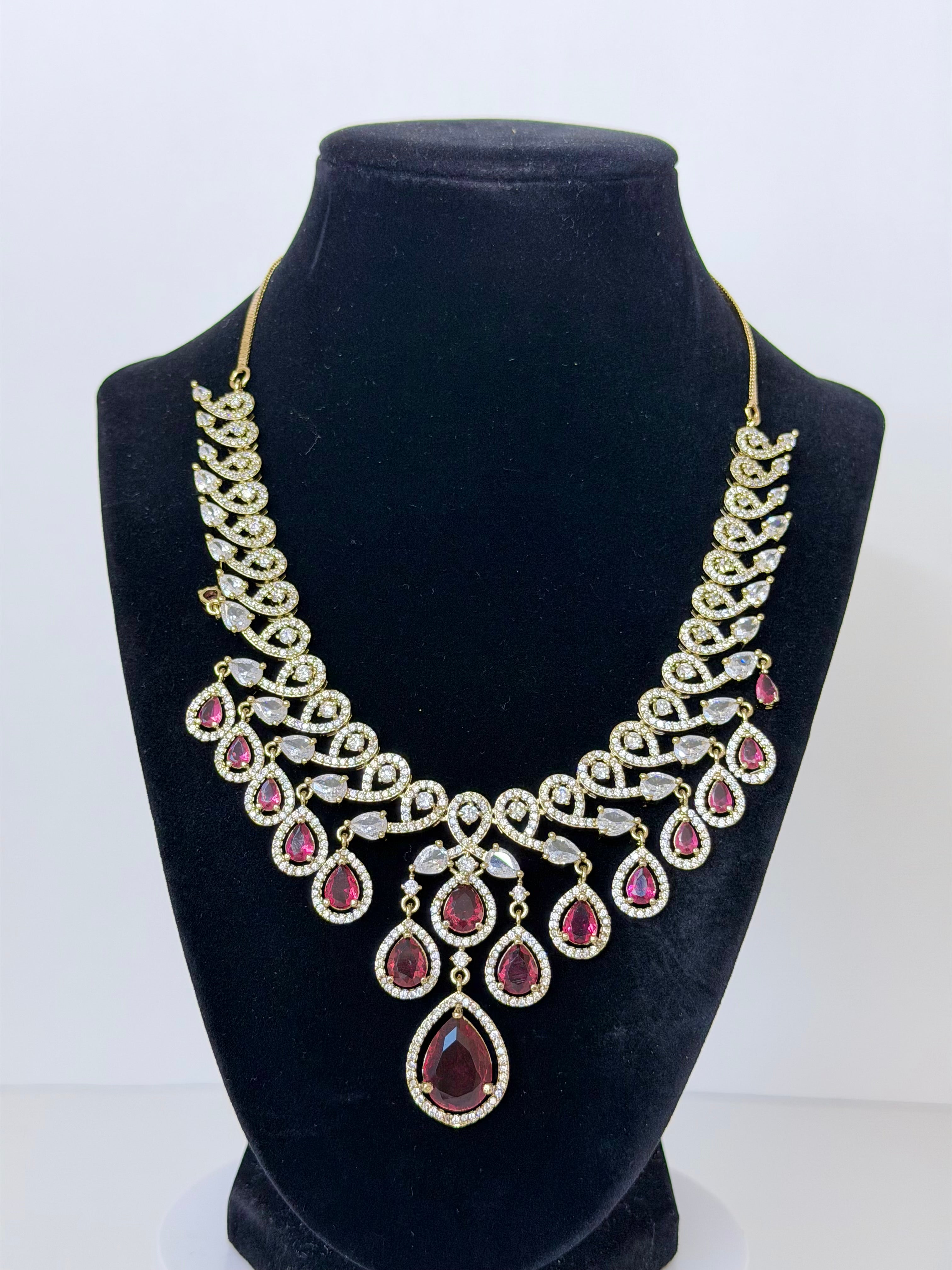 American Diamond Avira Necklace Set with Earrings in Gold Base
