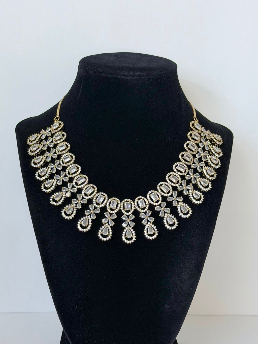 American Diamond Meira Necklace Set with Earrings in Gold Base