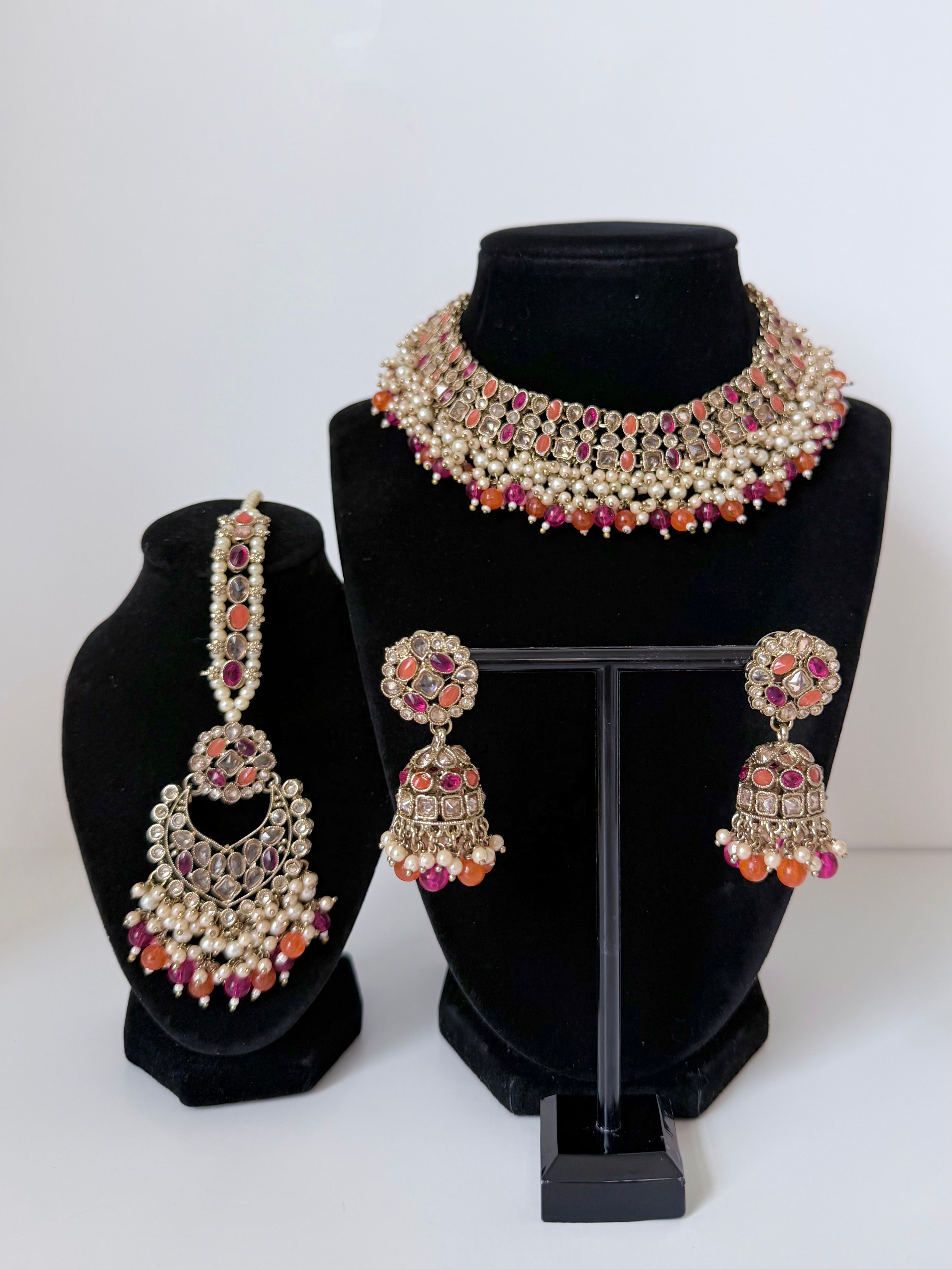Bollywood Polki Pratha Necklace Set with Jhumka and Mangtika