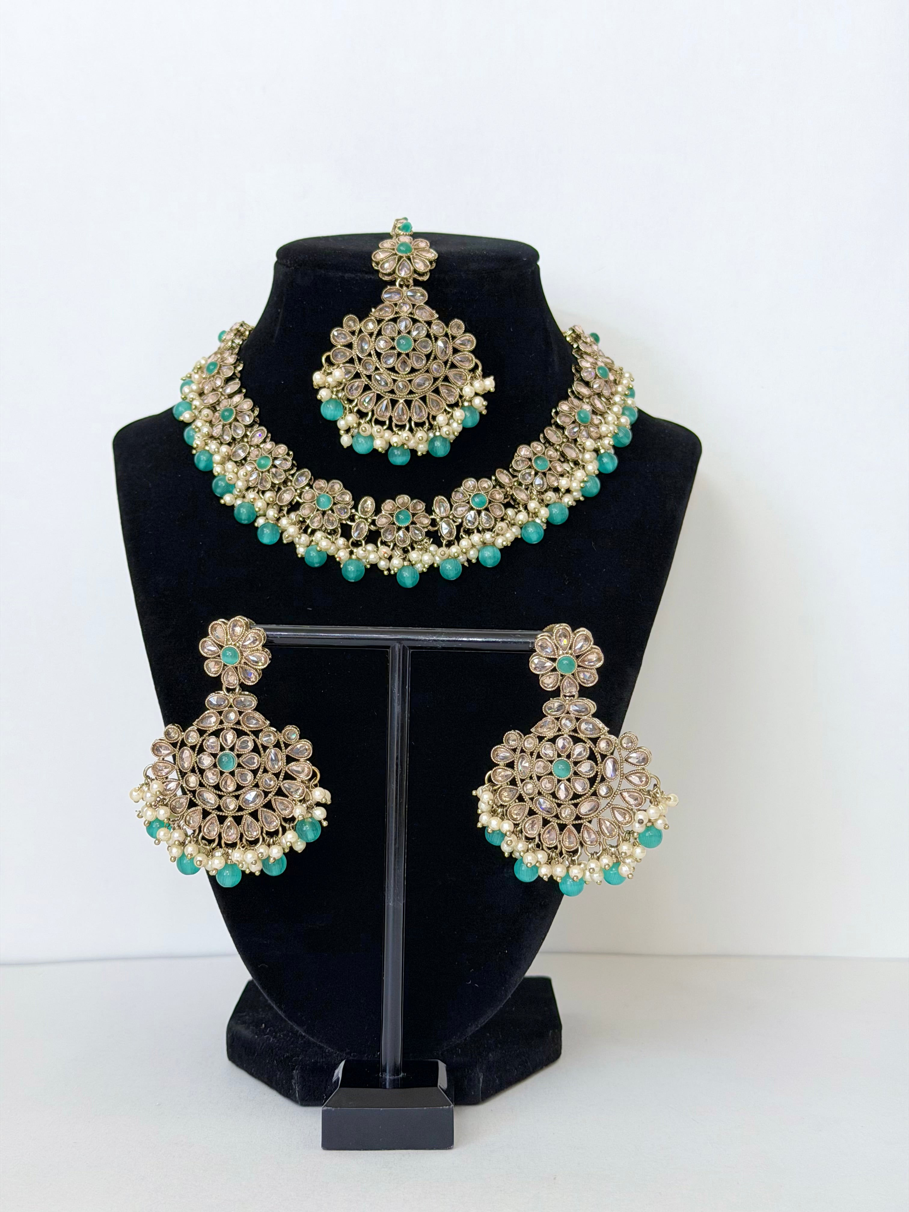 Bollywood Polki Nimrah 2in1 Necklace/Choker Set with Earrings and Tikka