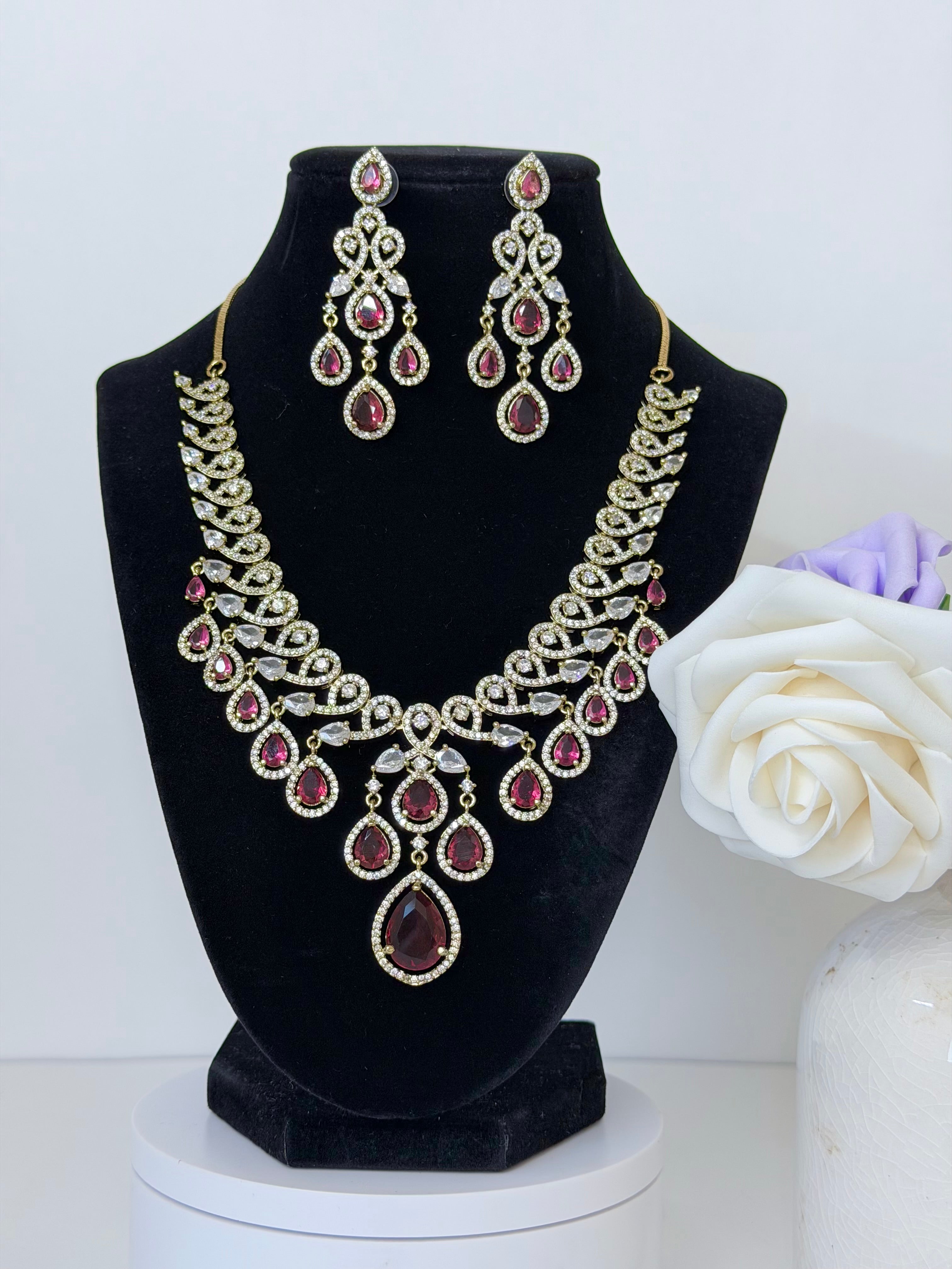 American Diamond Avira Necklace Set with Earrings in Gold Base