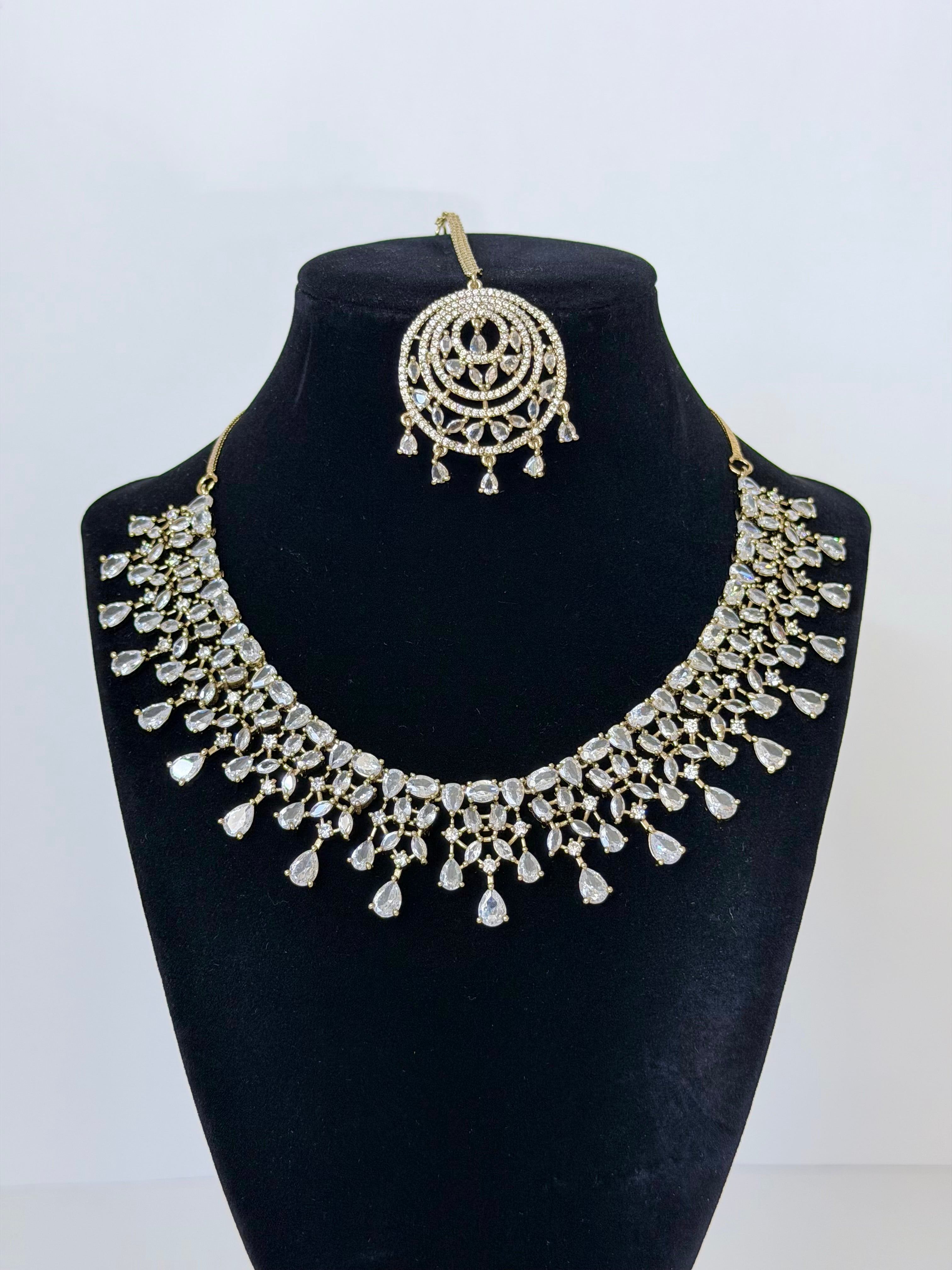 American Diamond Riyana Necklace Set with Earrings and Mangtika in Gold Base