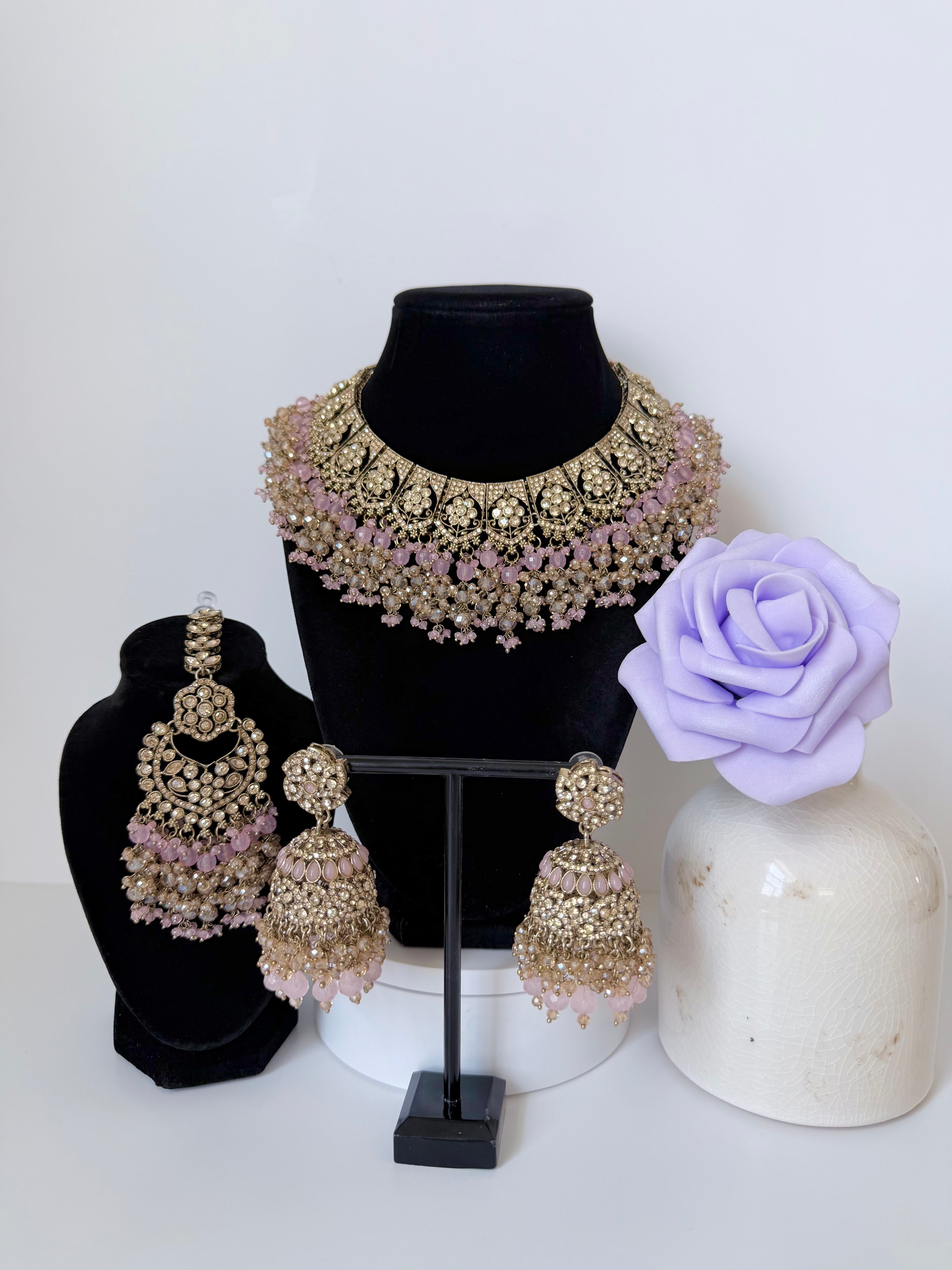 Bollywood Delina Stonework Necklace set with Jhumka and Mangtika