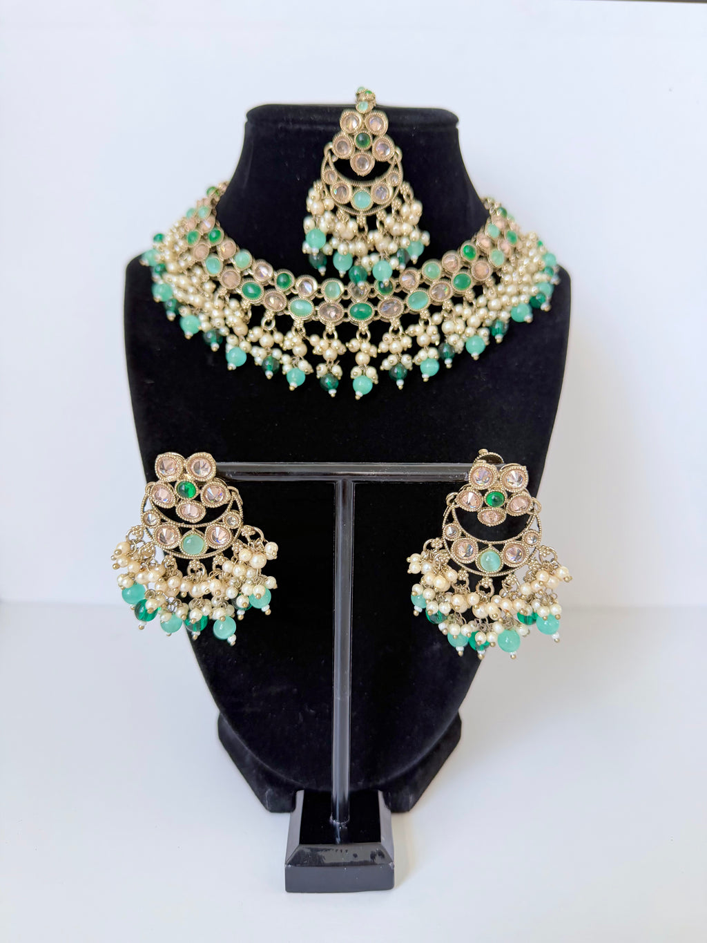 Bollywood Polki Riva Necklace Set with Earrings and Tikka