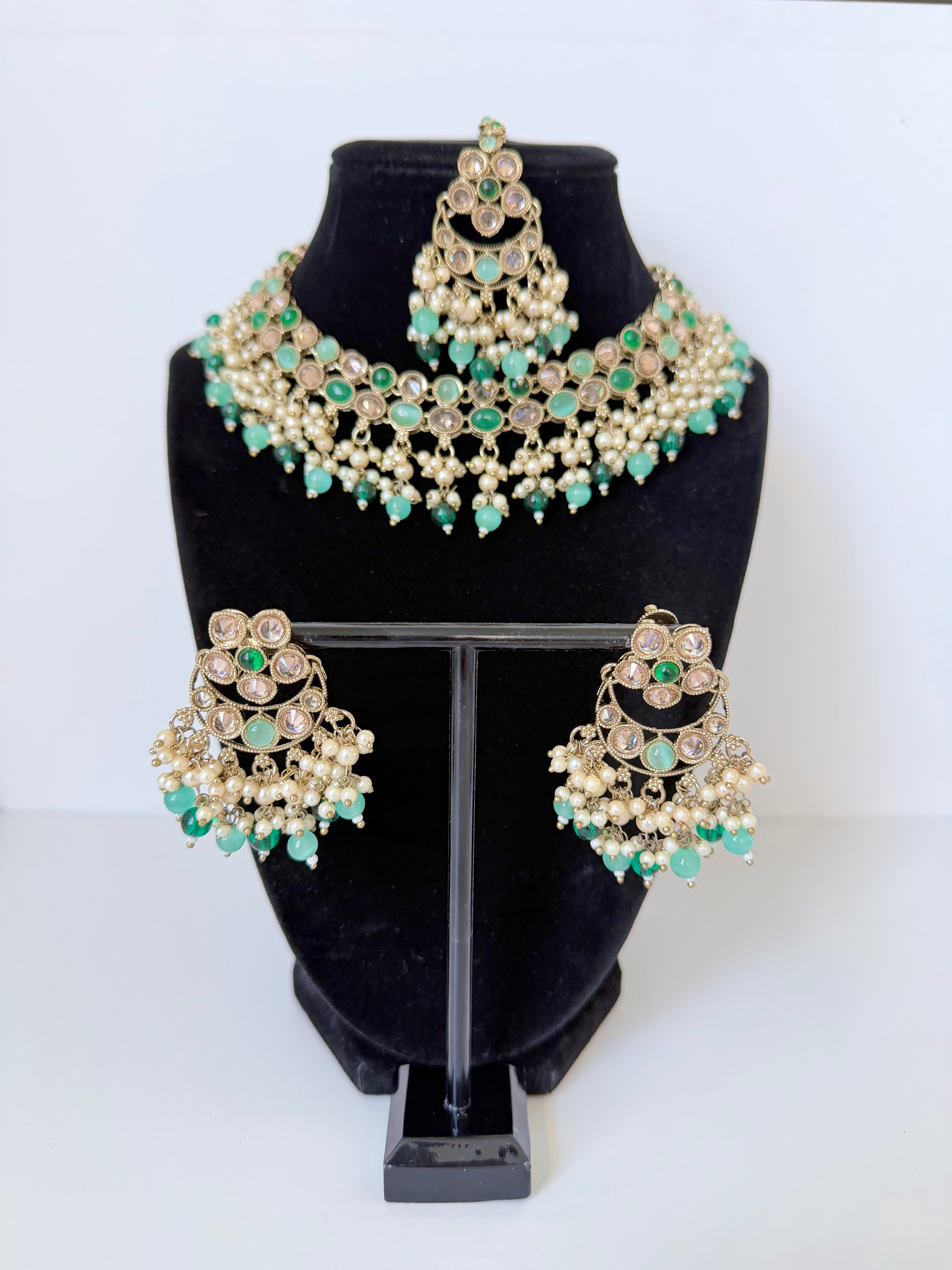 Bollywood Polki Riva Necklace Set with Earrings and Tikka