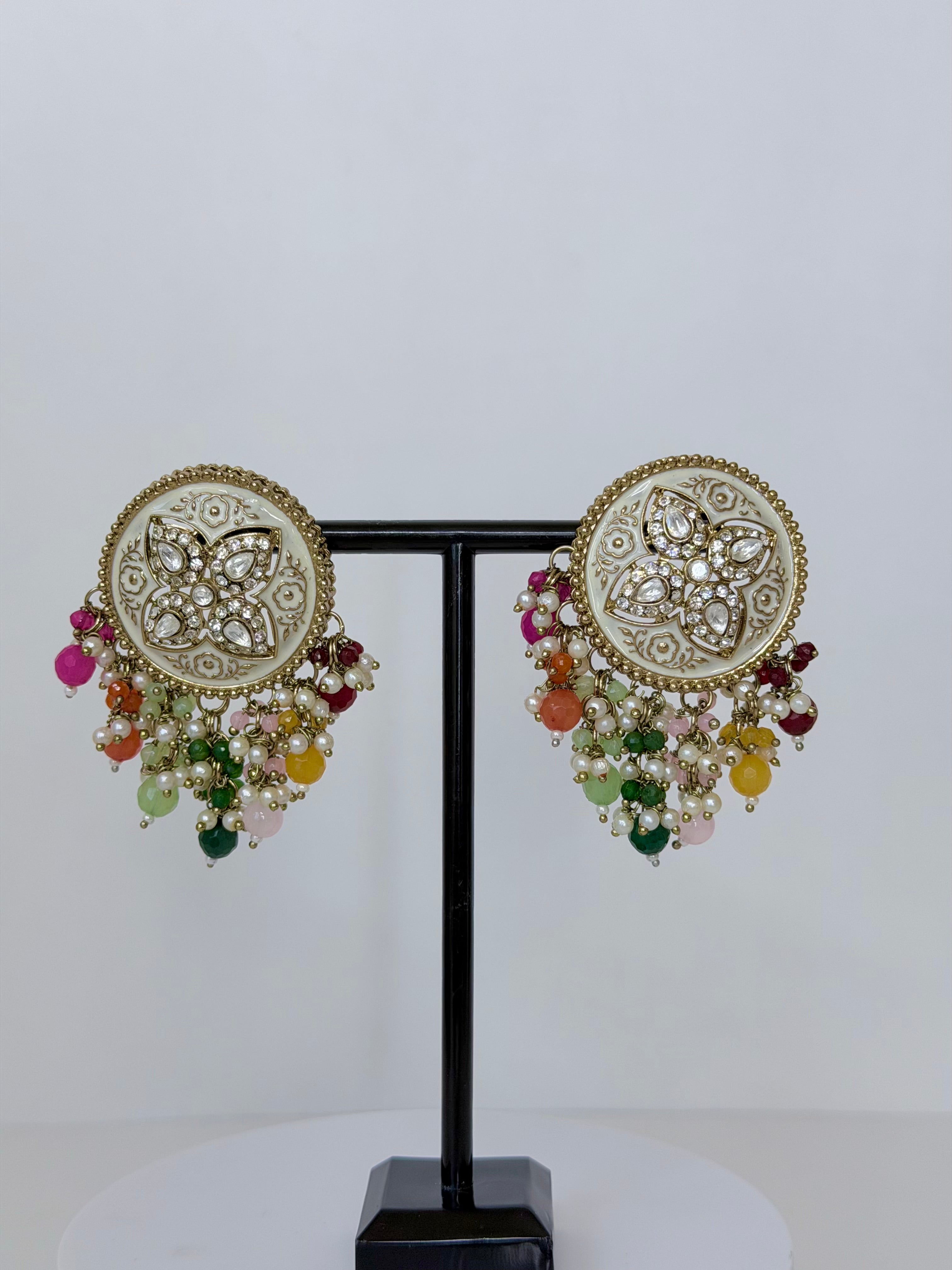 Meenakari Stud Earrings with Pearl & Bead Drops | Traditional Indian Statement Jewelry