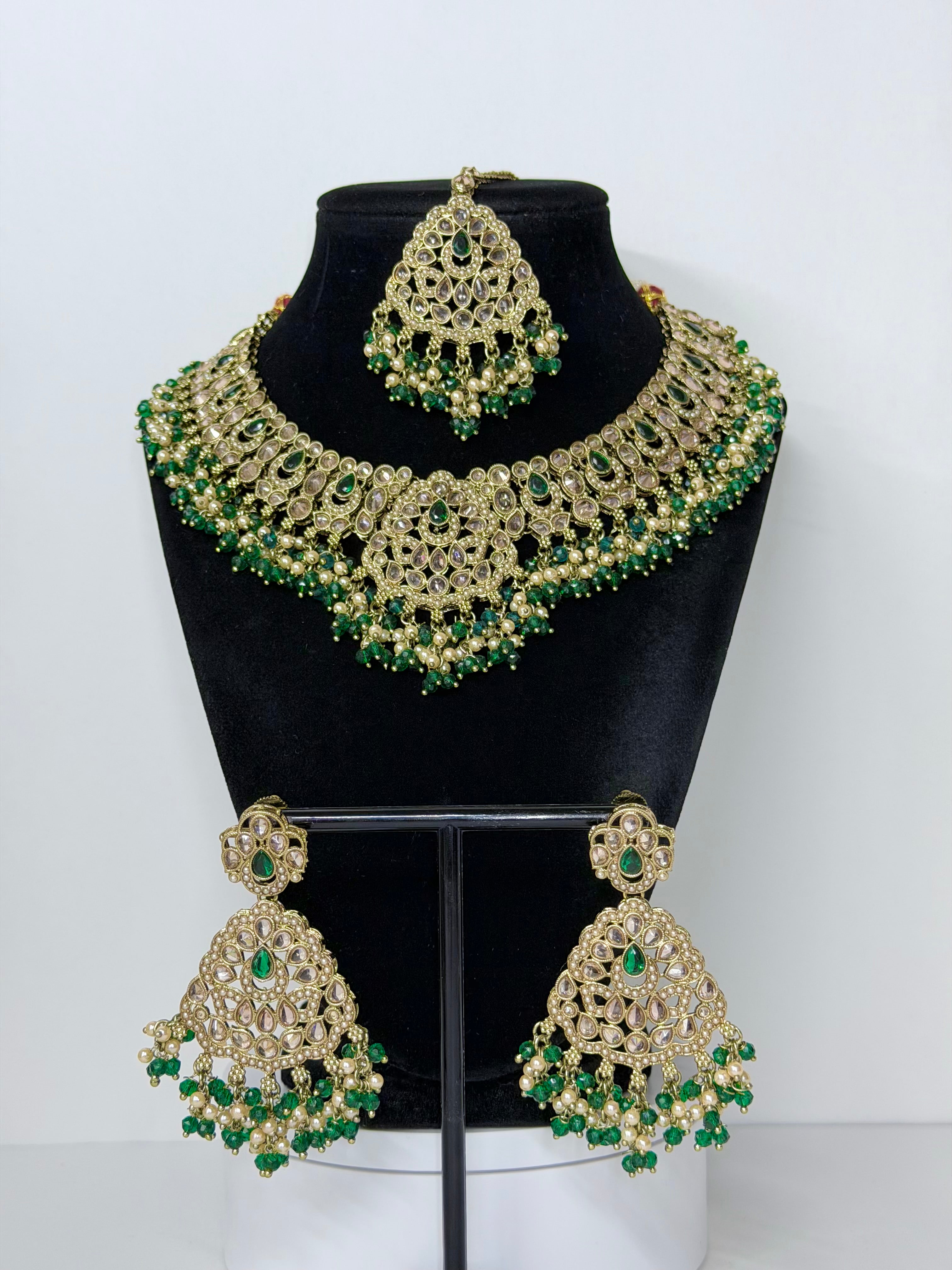 Bollywood Polki Deepika Necklace Set with Earrings and Tikka