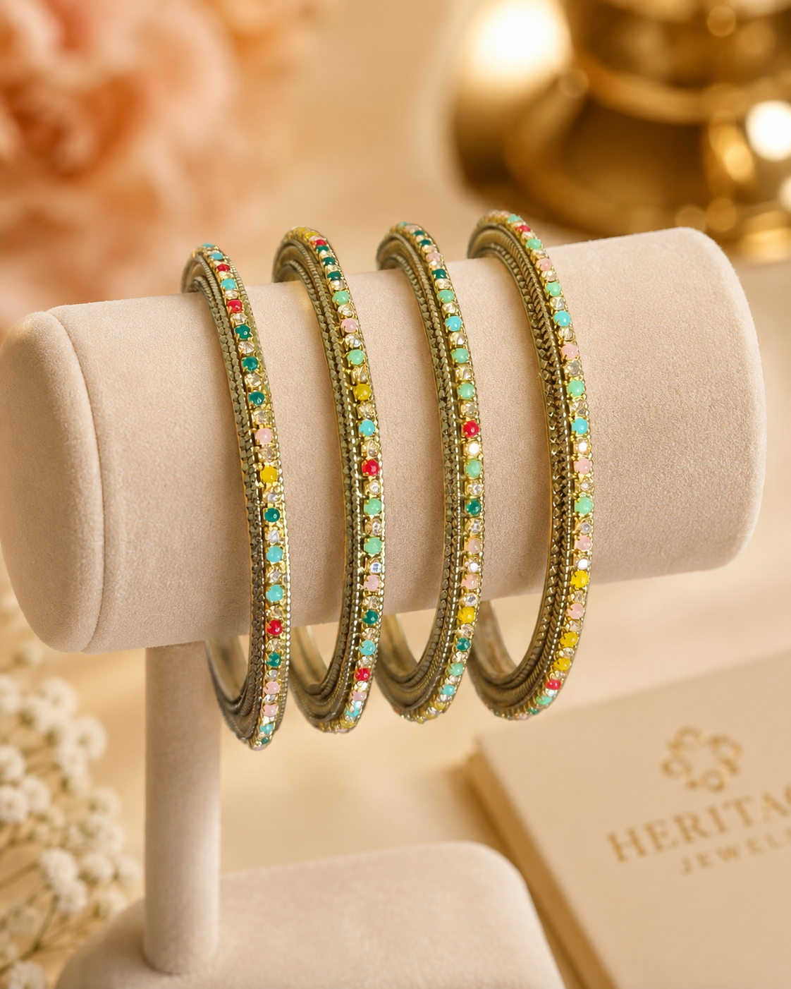 Rangrez Multicolor Gold-Tone Stone Bangles – 4 Piece Set