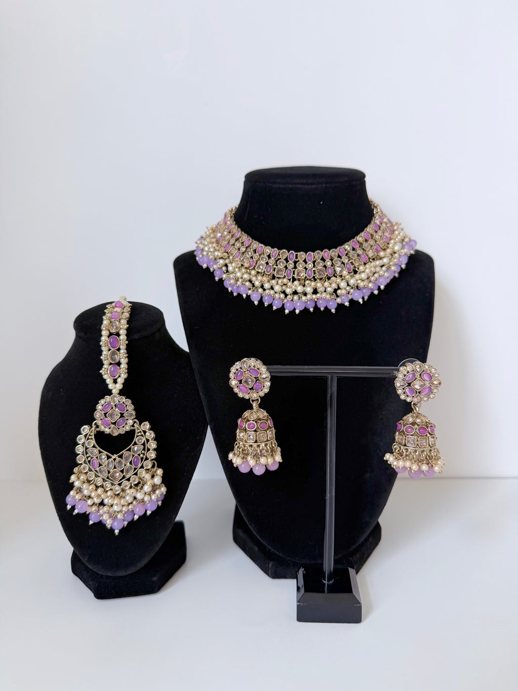 Bollywood Polki Pratha Necklace Set with Jhumka and Mangtika
