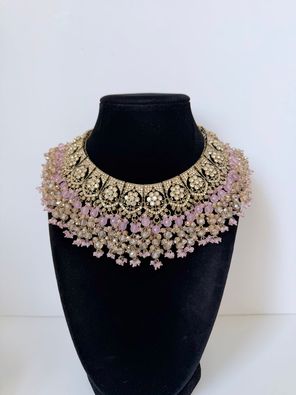 Bollywood Delina Stonework Necklace set with Jhumka and Mangtika