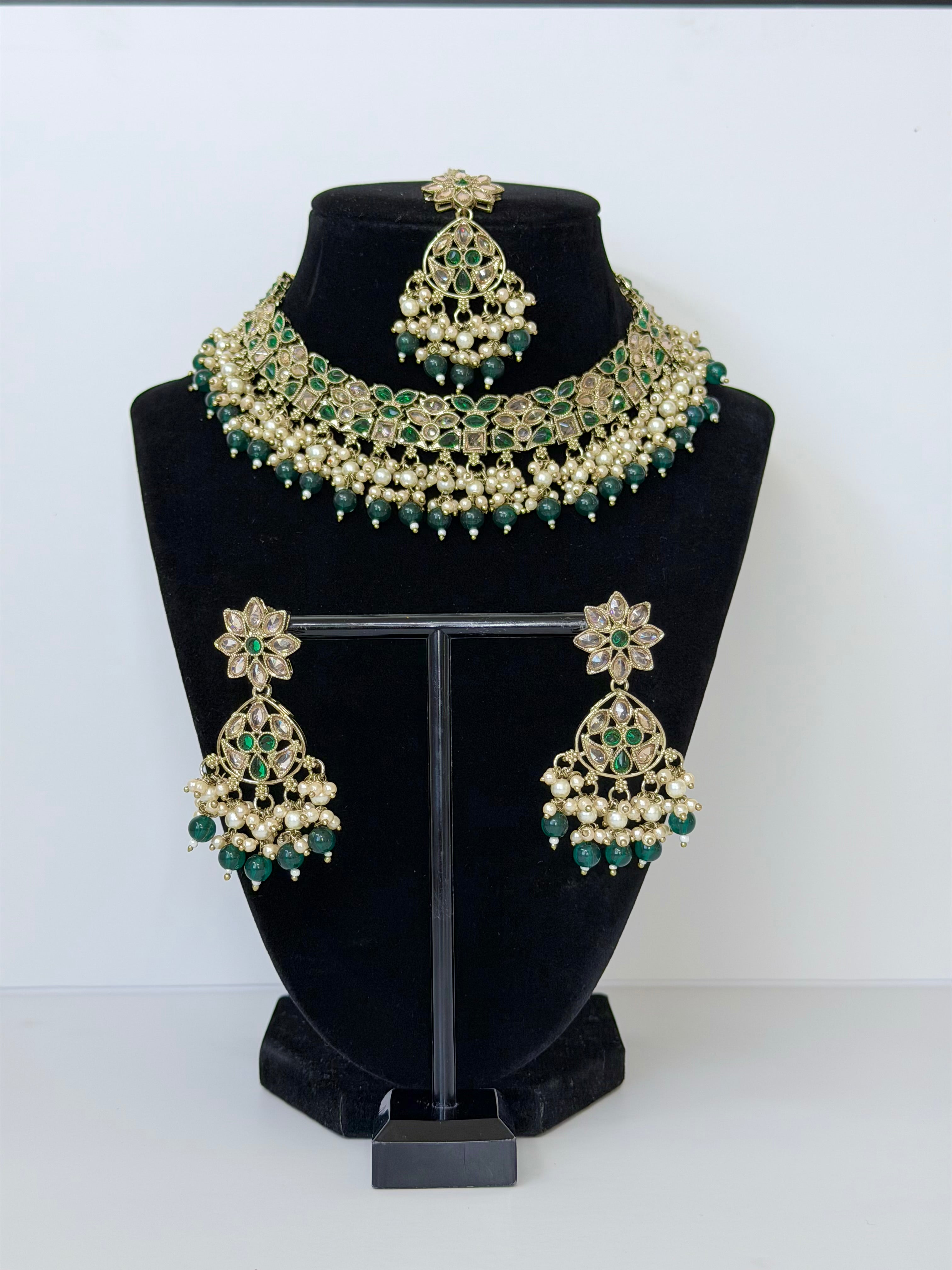 Bollywood Polki Ruhi Necklace Set with Earrings and Tikka