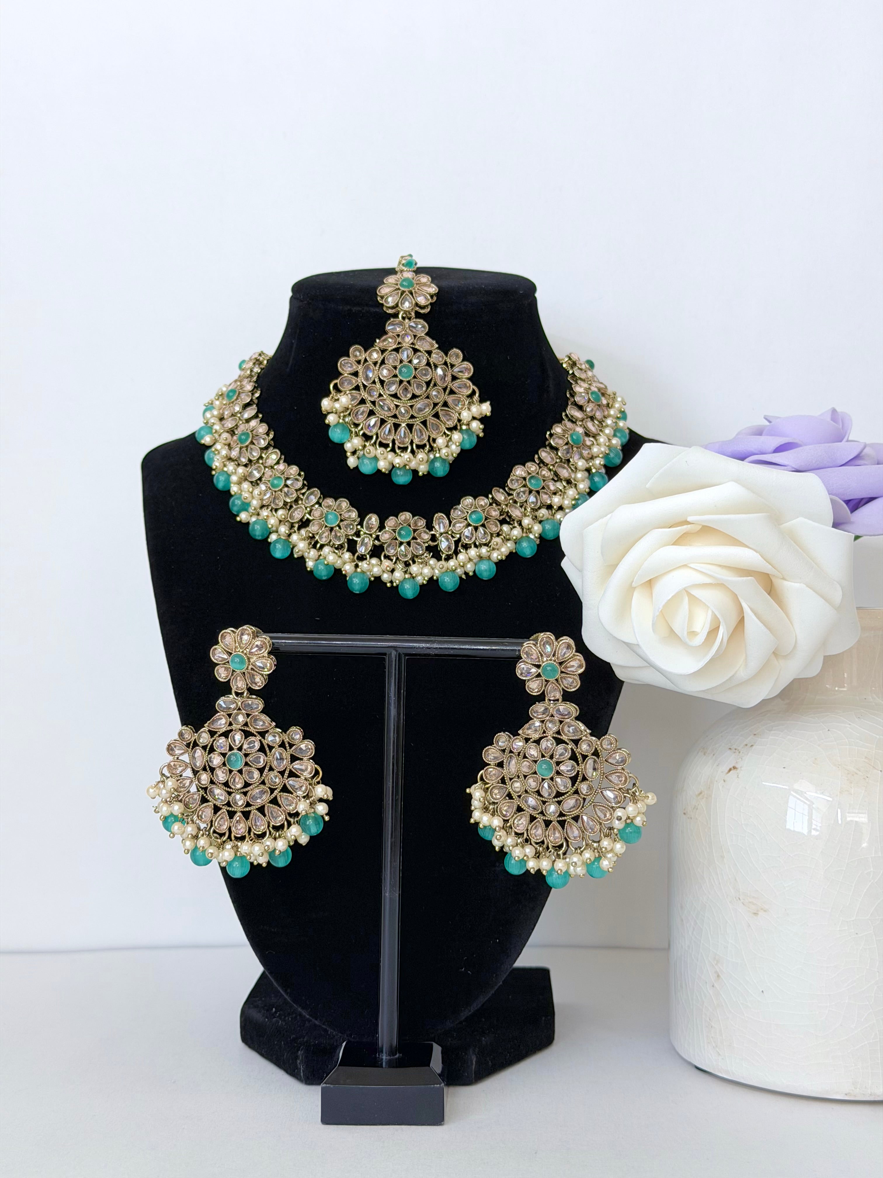 Bollywood Polki Nimrah 2in1 Necklace/Choker Set with Earrings and Tikka