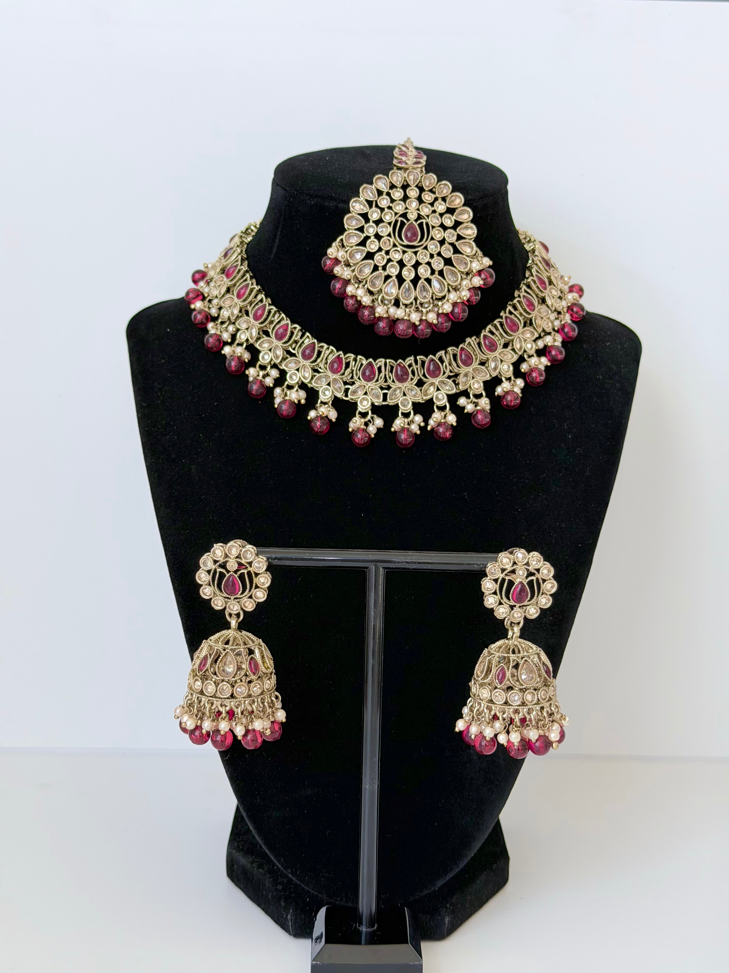 Bollywood Polki Kamal Aura Necklace Set with Jhumka and Mangtika
