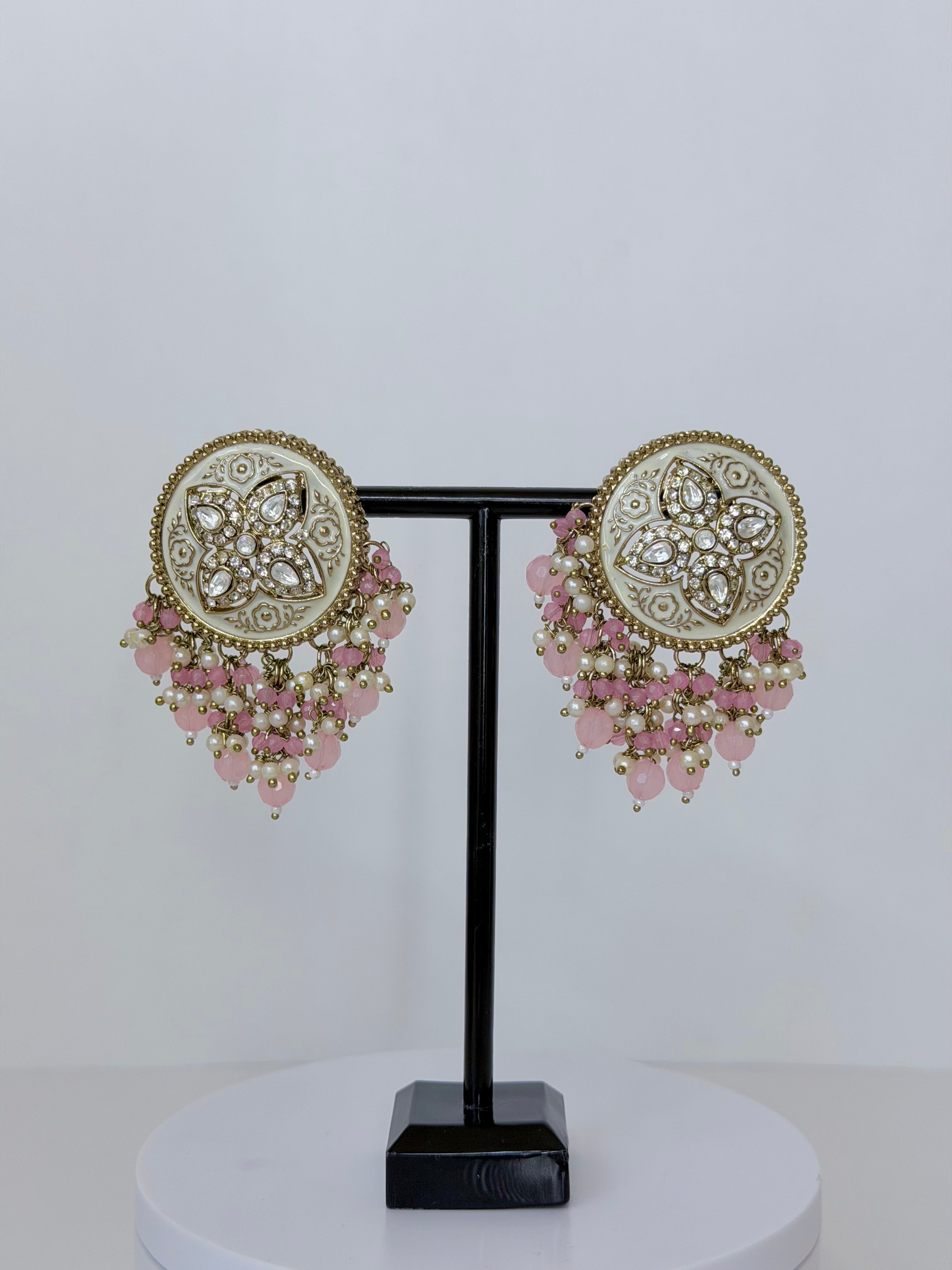 Meenakari Stud Earrings with Pearl & Bead Drops | Traditional Indian Statement Jewelry