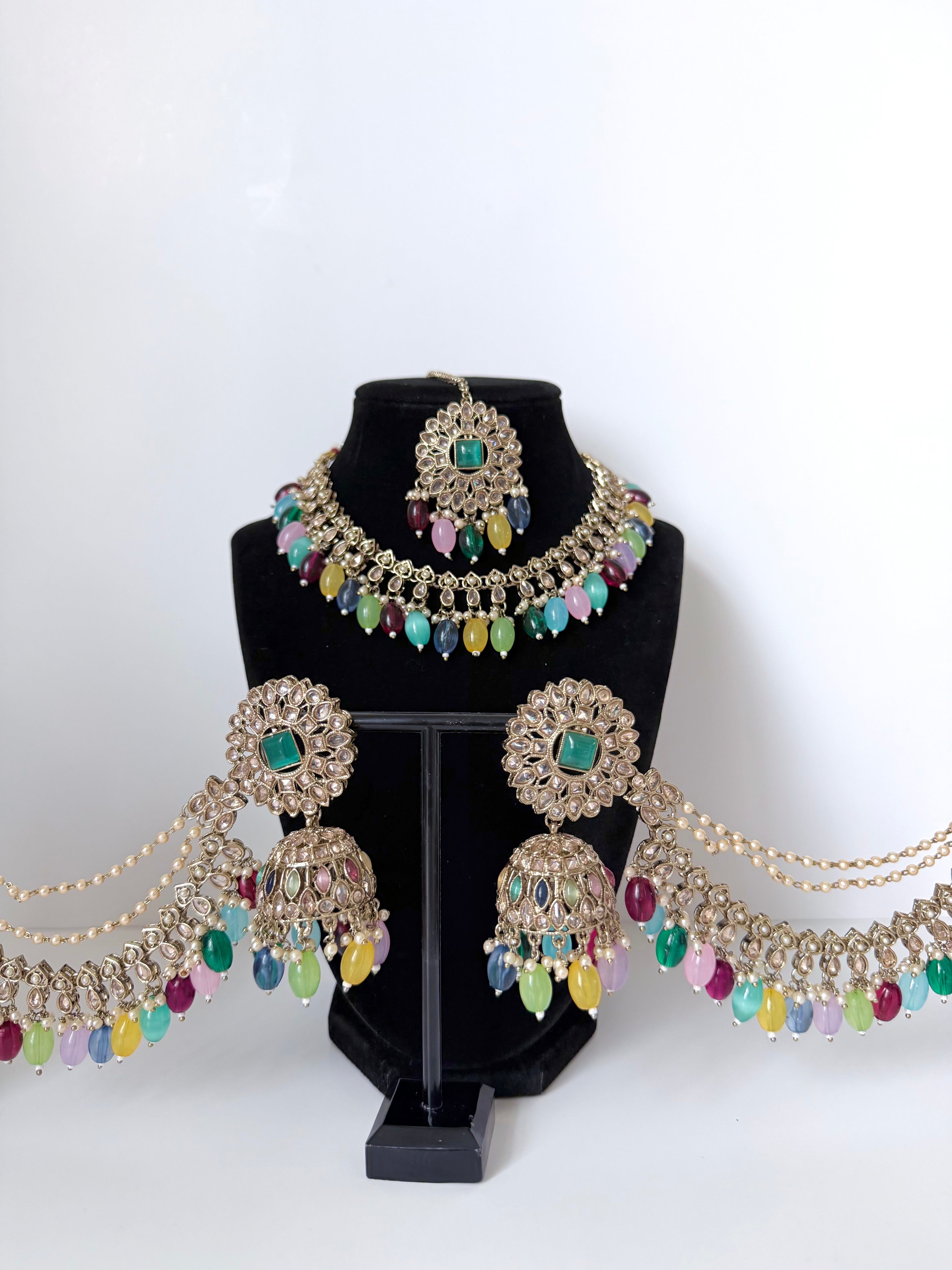 Bollywood Zarmina Necklace set with Sahara Jhumka and Mangtika