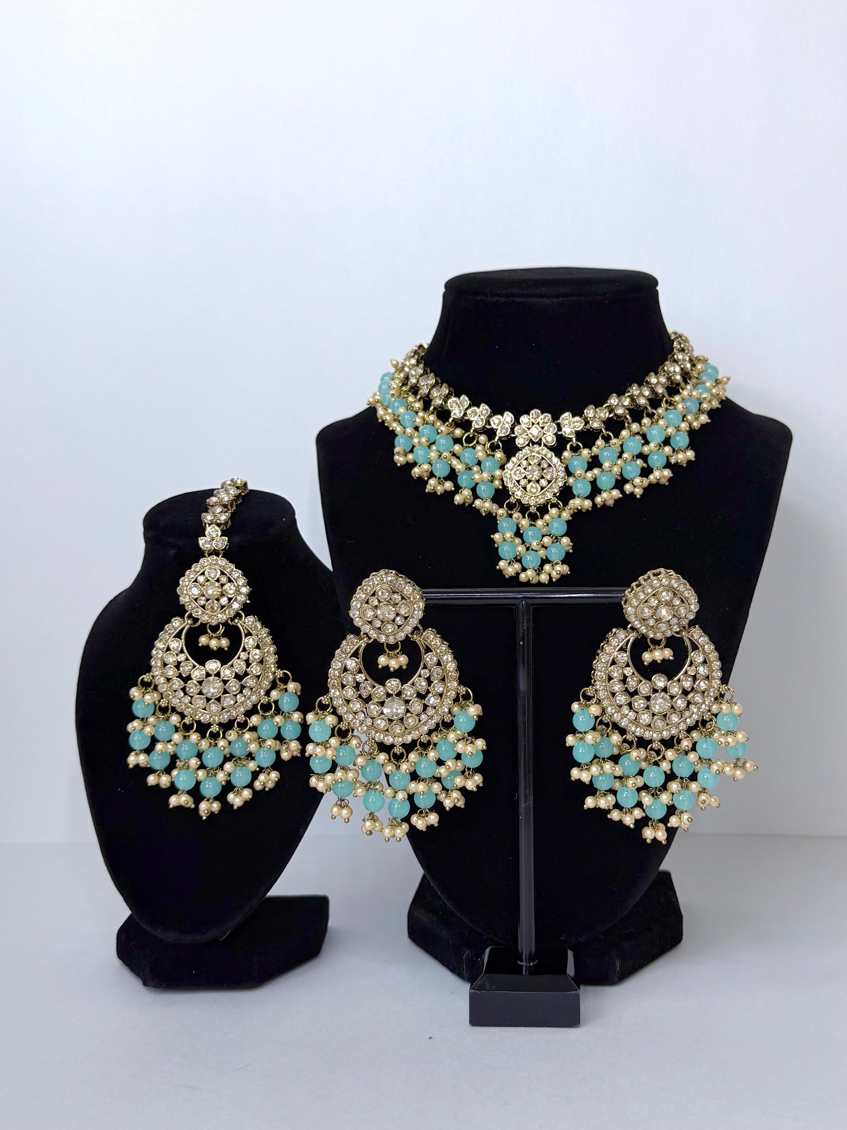 Bollywood Ziana Stonwork Necklace Set with Earrings and Tikka