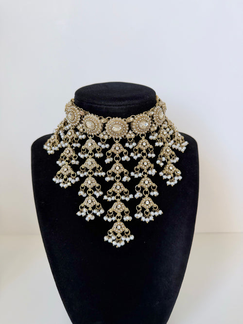 Bollywood Anarkali Waterfall Necklace Set with Jhumka and Tikka