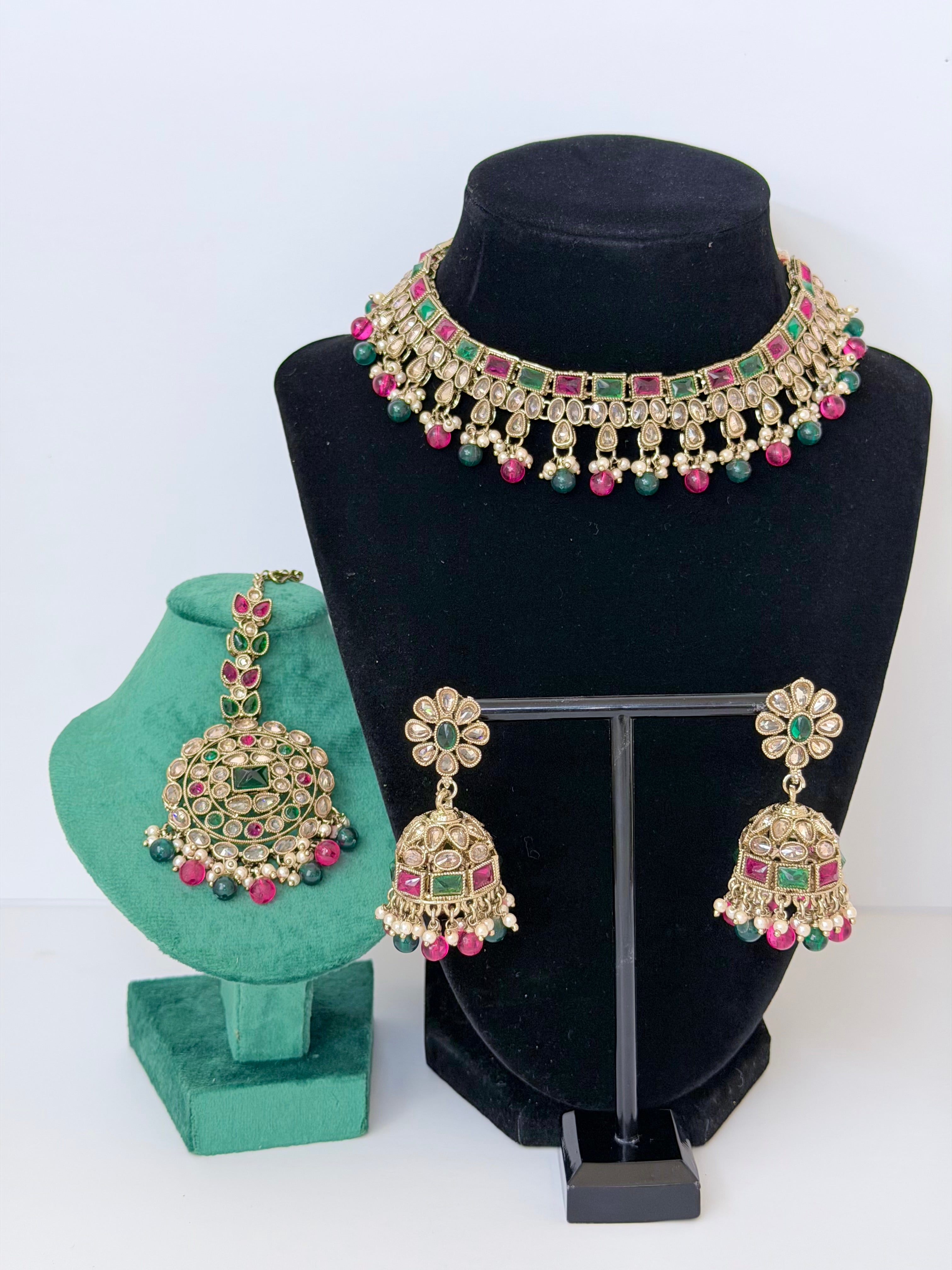 Bollywood Lightweight Polki Juhi Necklace Set with Jhumka and Mangtika