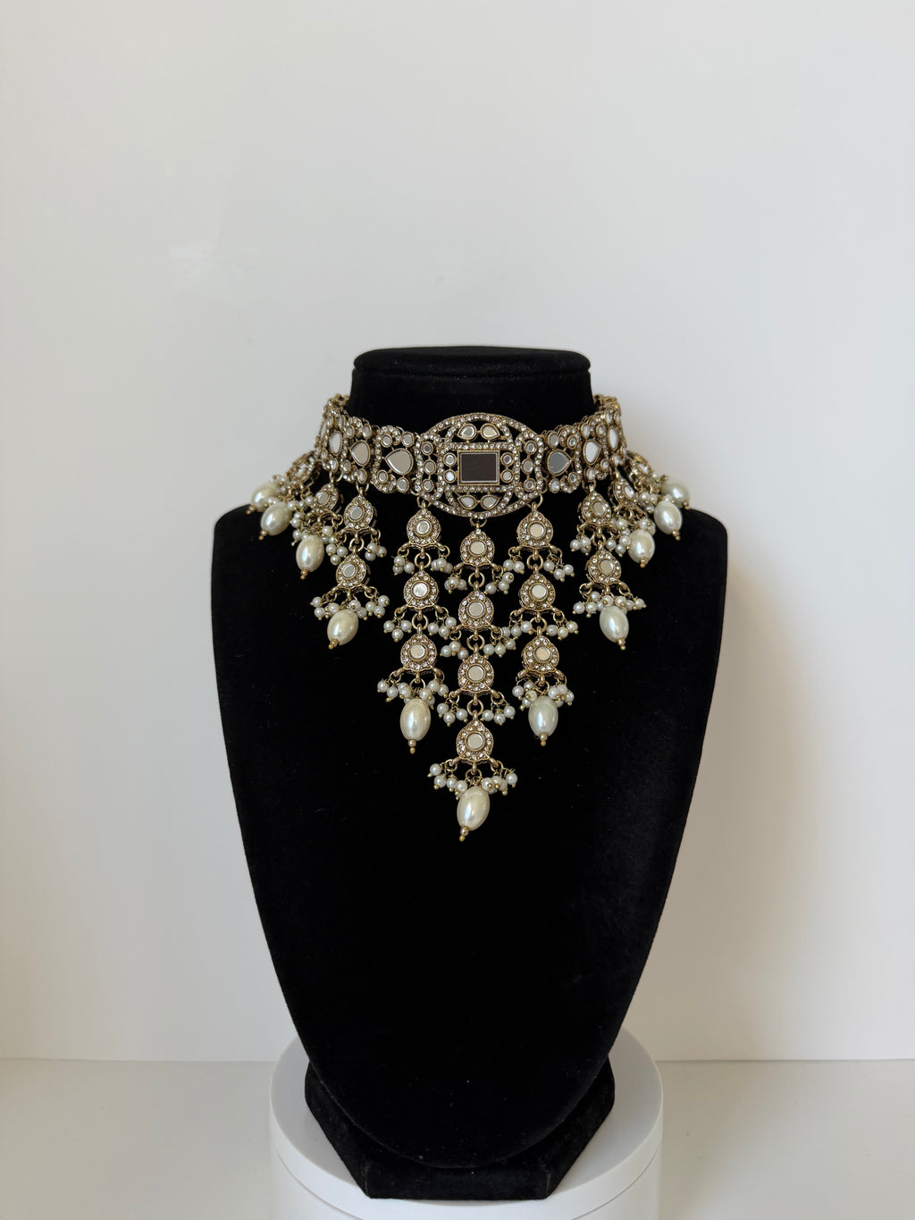 Bollywood Gunjan Mirror work Waterfall Necklace set with Earrings and MangTika