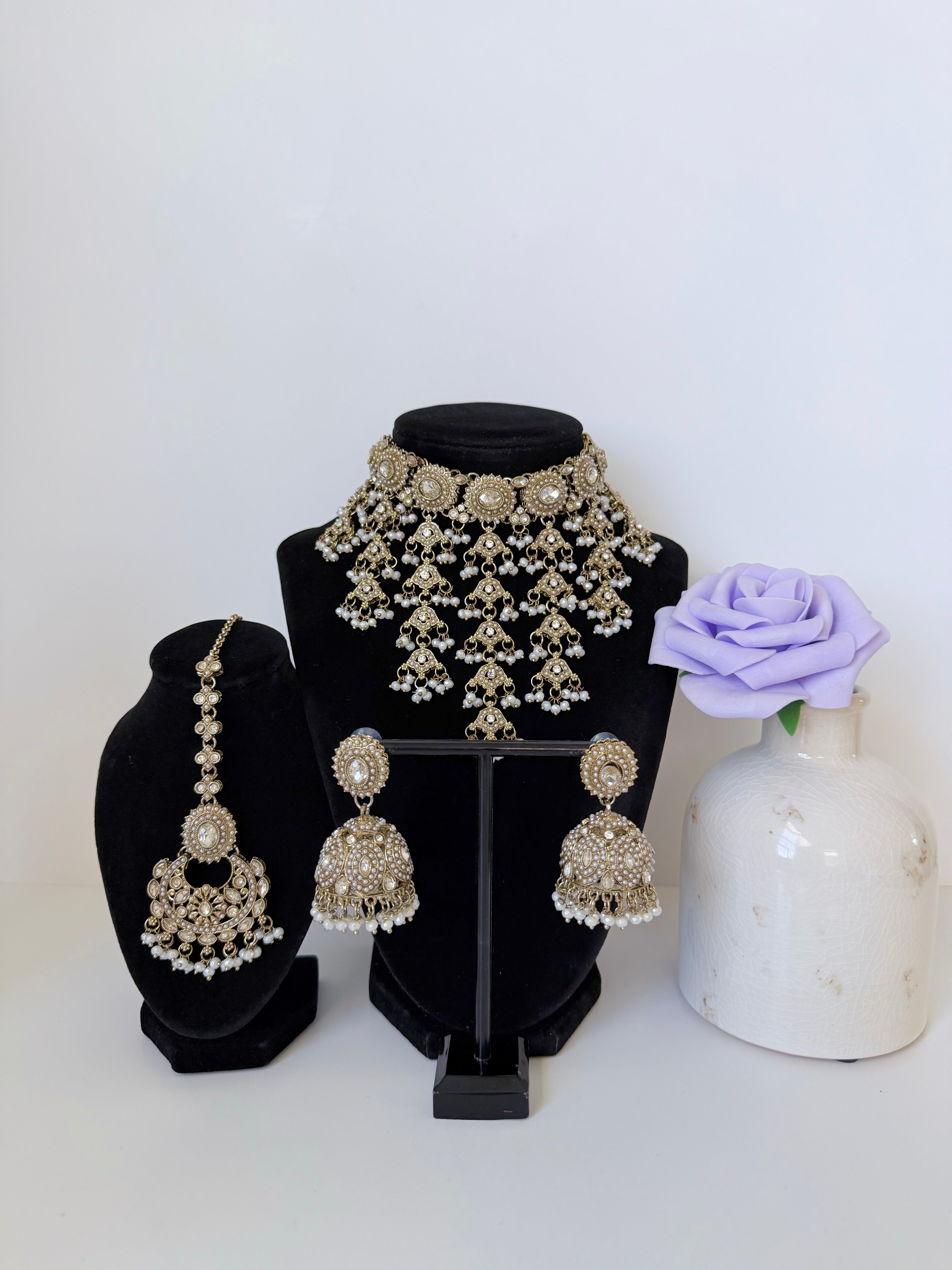 Bollywood Anarkali Waterfall Necklace Set with Jhumka and Tikka