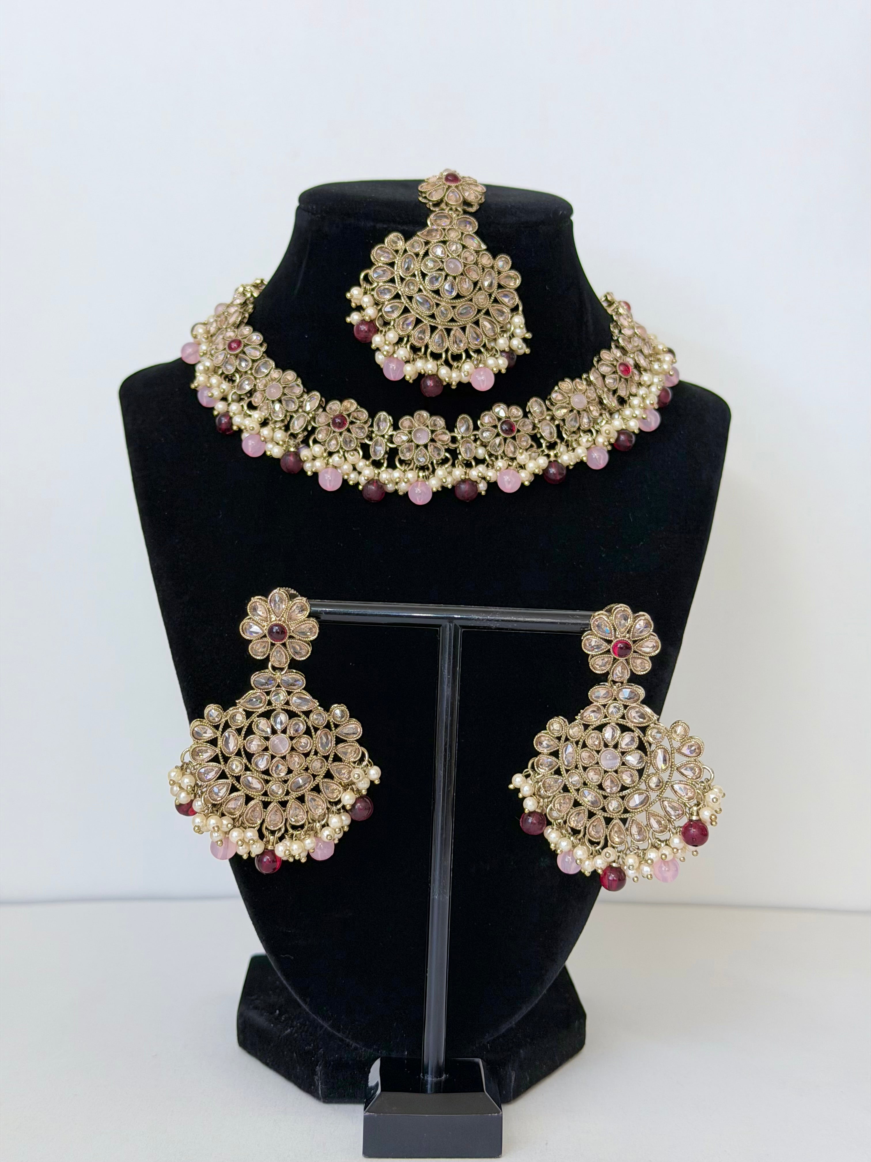 Bollywood Polki Nimrah 2in1 Necklace/Choker Set with Earrings and Tikka