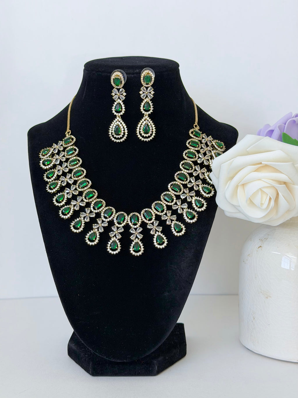 American Diamond Meira Necklace Set with Earrings in Gold Base
