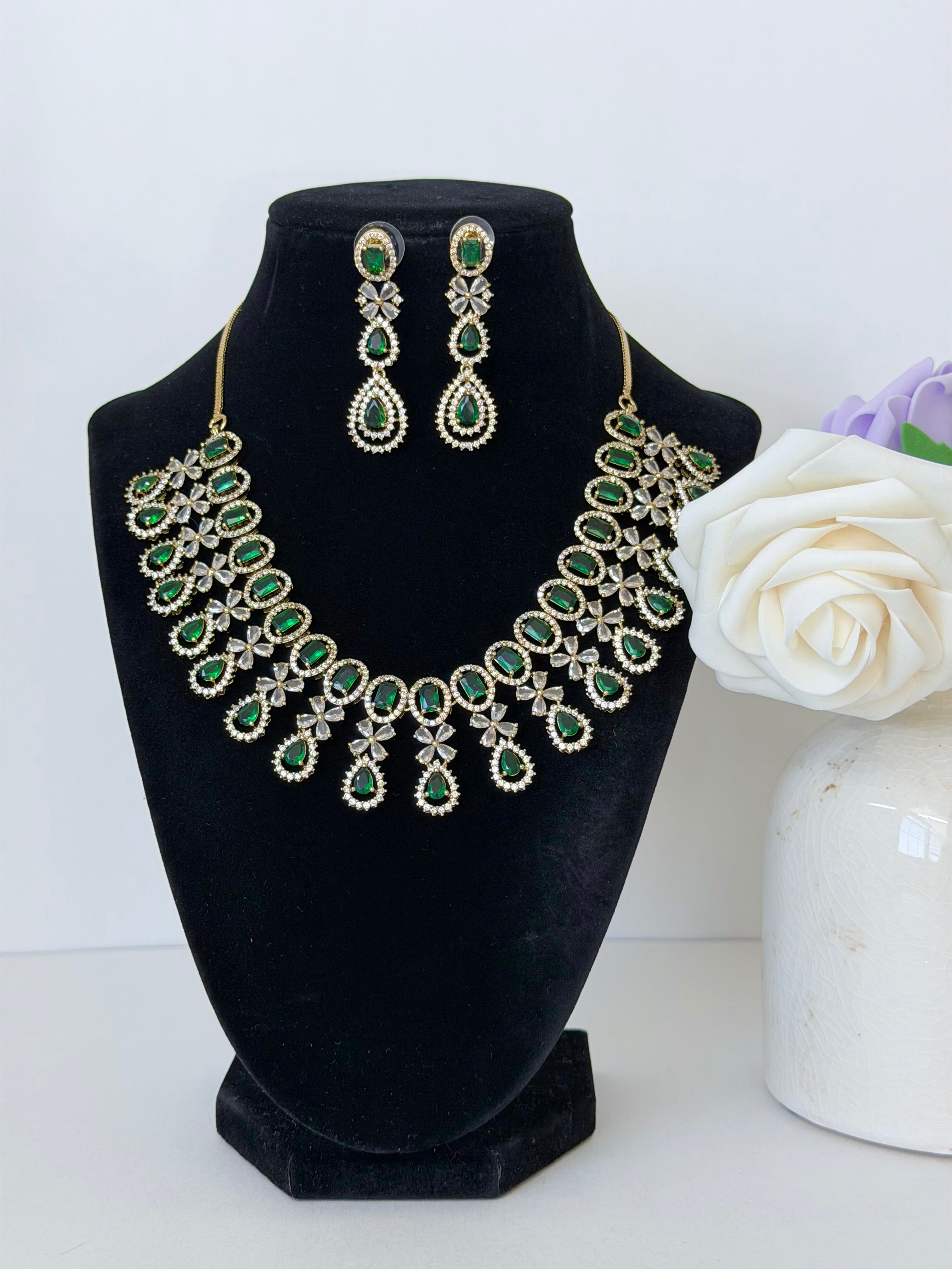 American Diamond Meira Necklace Set with Earrings in Gold Base