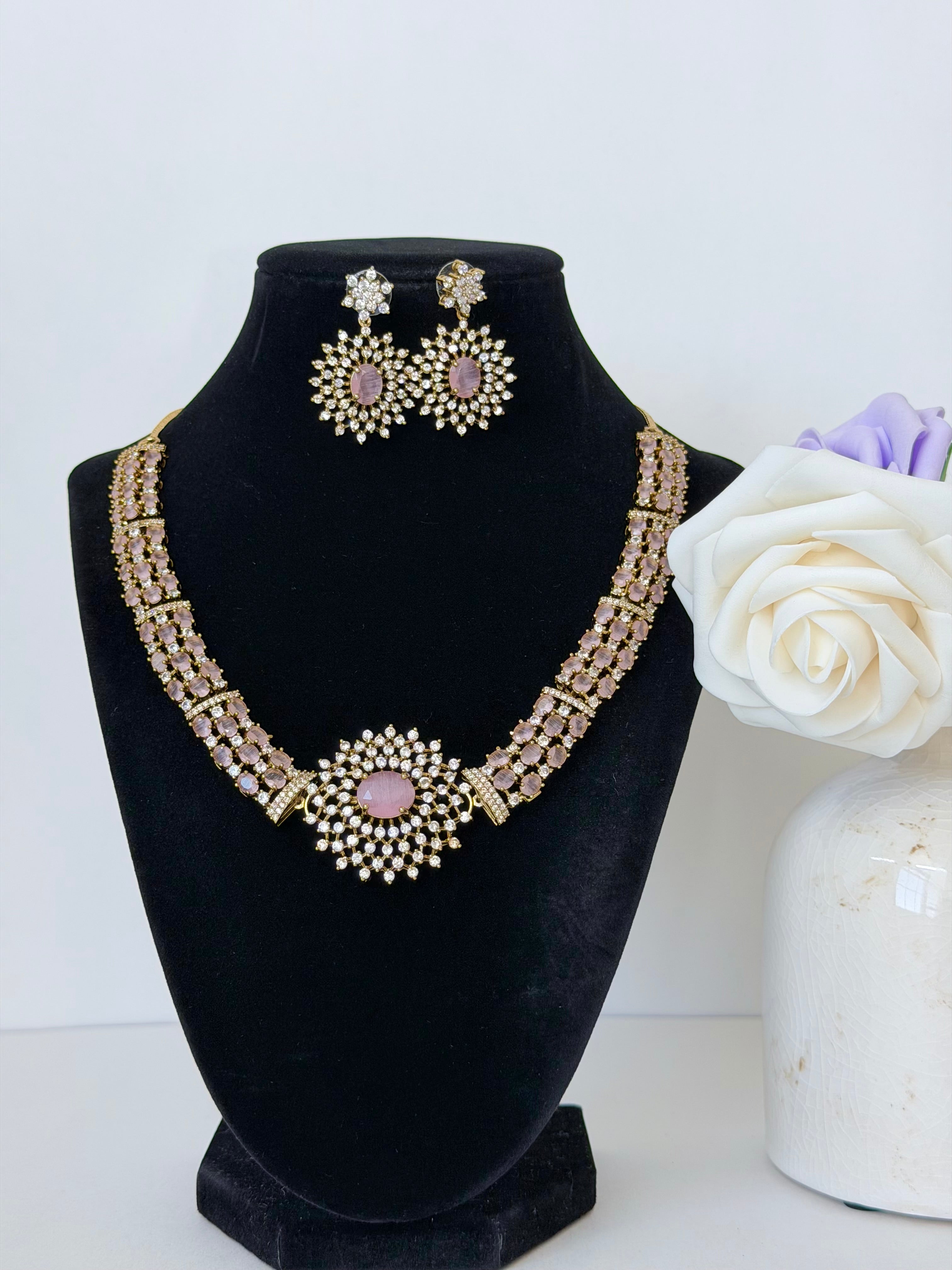 American Diamond Nova Necklace Set with Earrings in Gold Base
