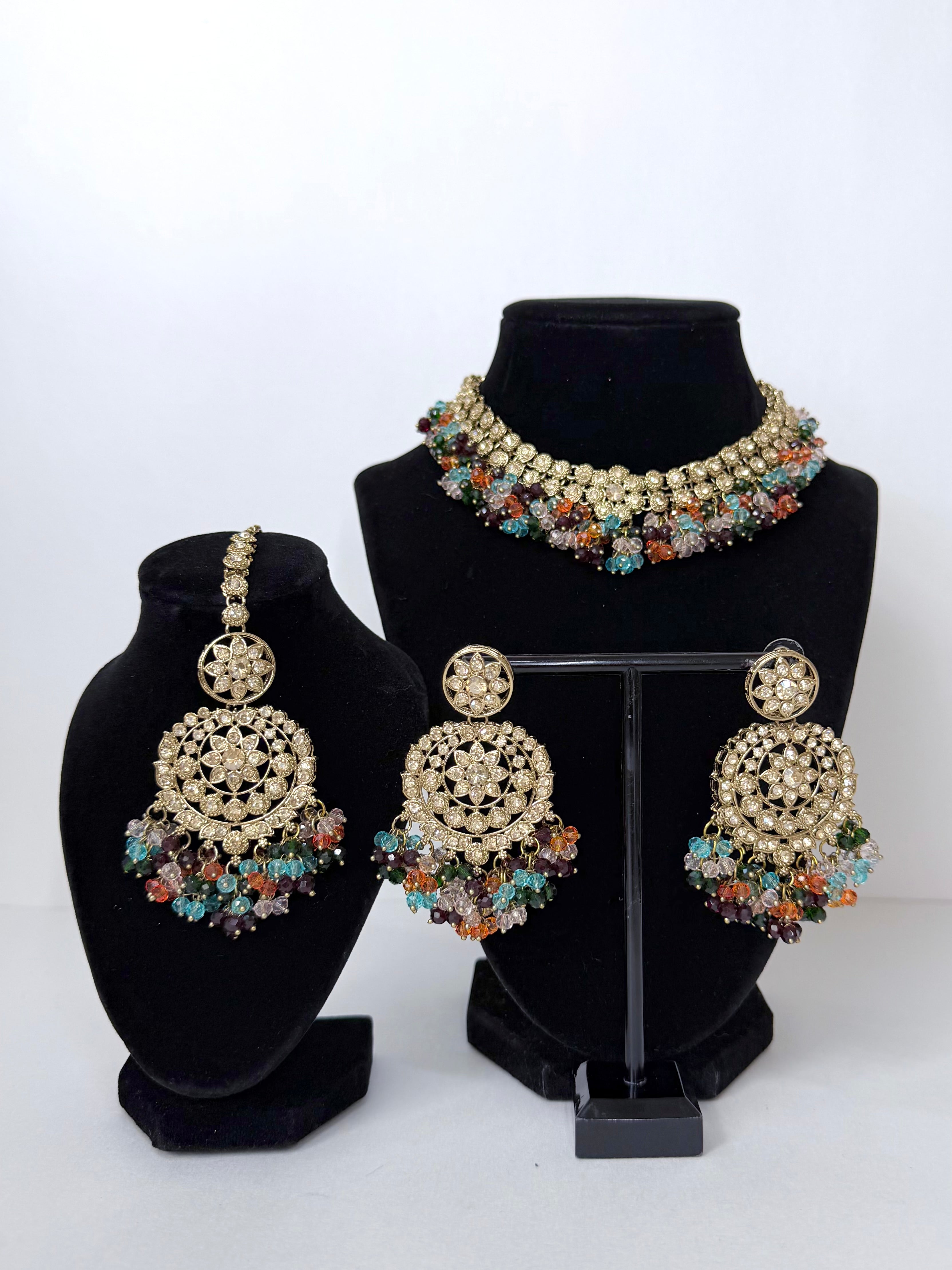 Bollywood Reha Stonework Necklace Set with Earrings and Tikka