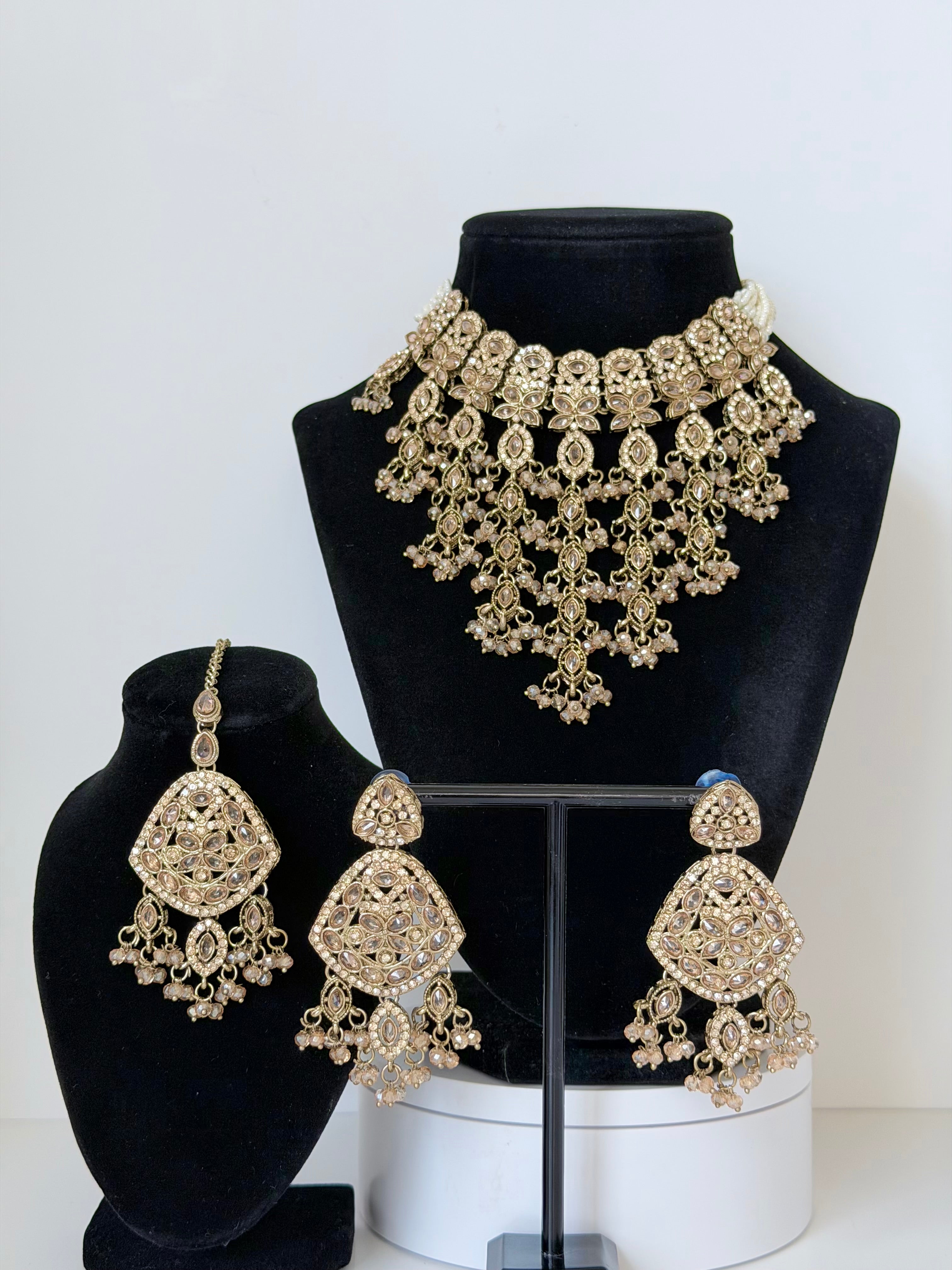 Jhalak Polki Waterfall Necklace set with Earrings and Mangtika