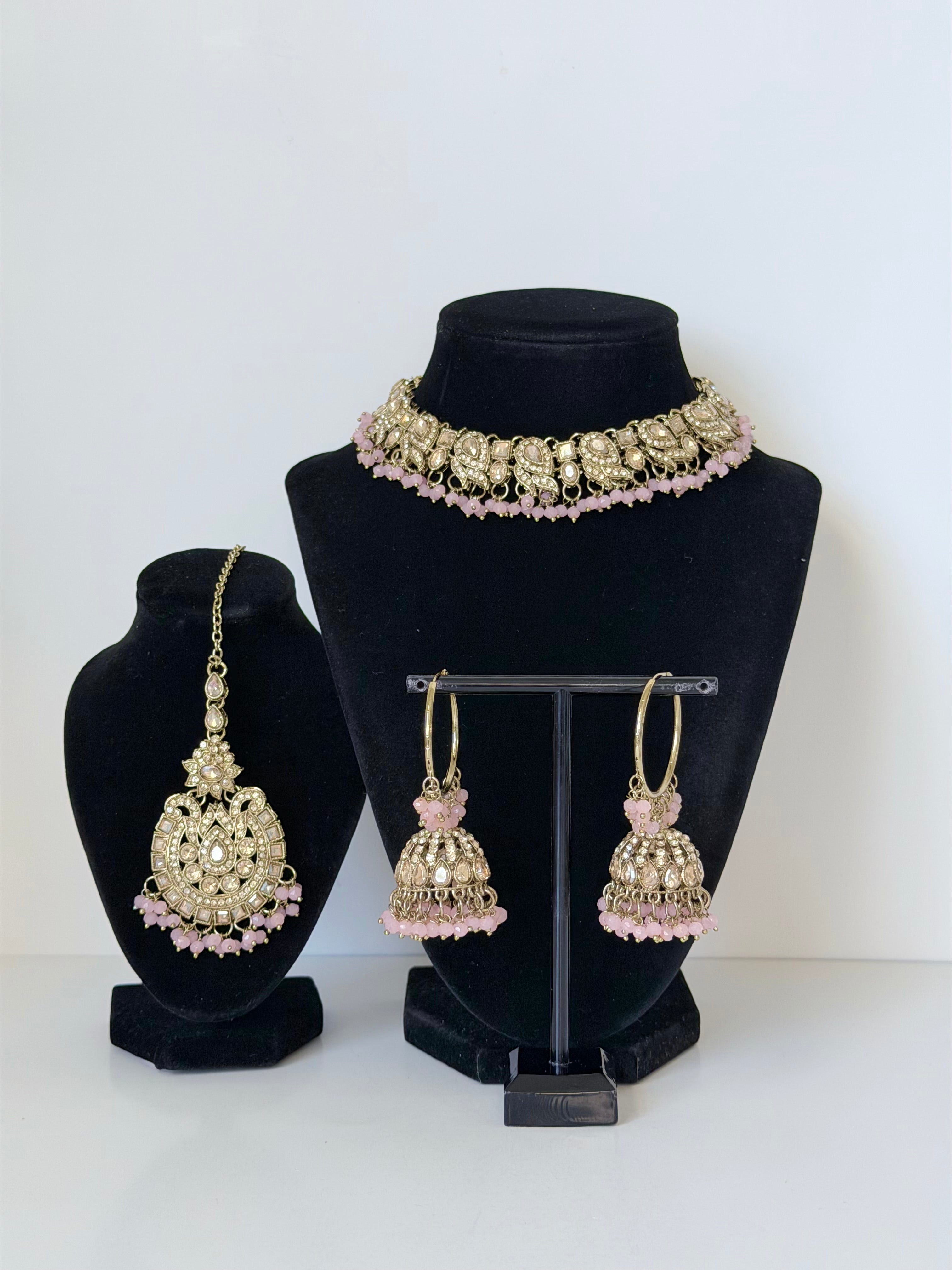 Bollywood Prisha Stonework Necklace Set with Bali Jhumka and Mangtika