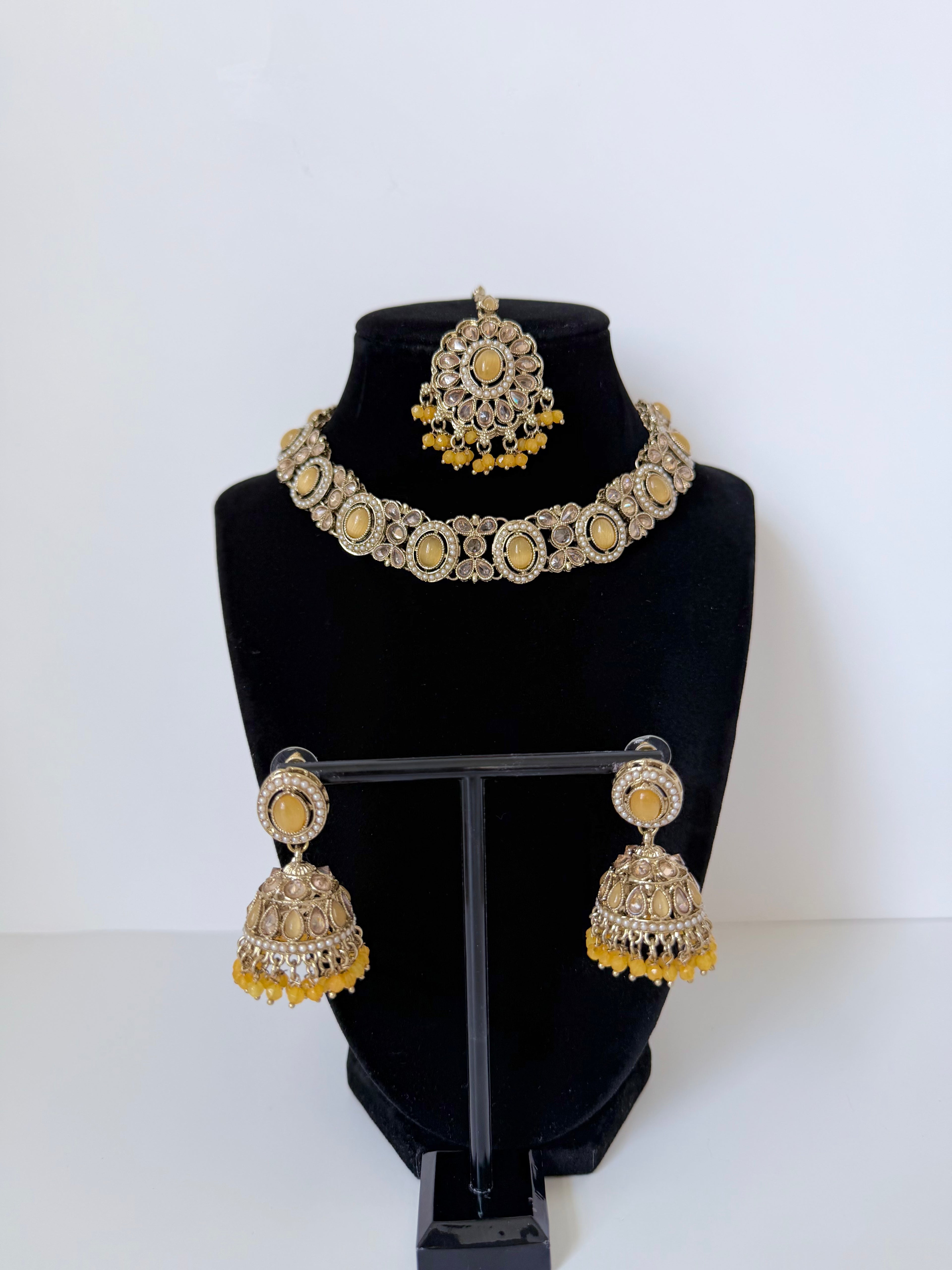 Bollywood Single Line Heer Necklace Set with Jhumka and Tikka