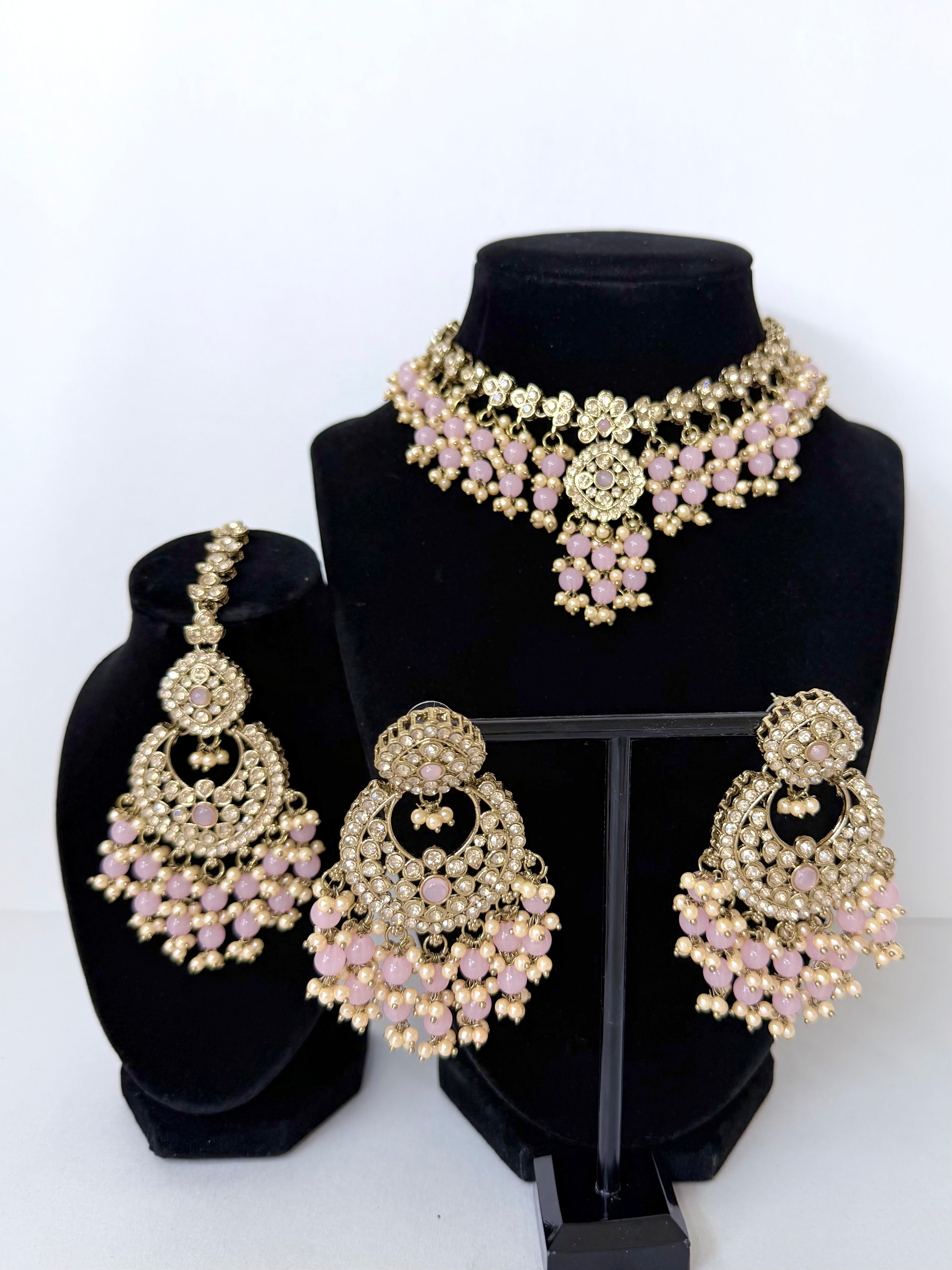 Bollywood Ziana Stonwork Necklace Set with Earrings and Tikka