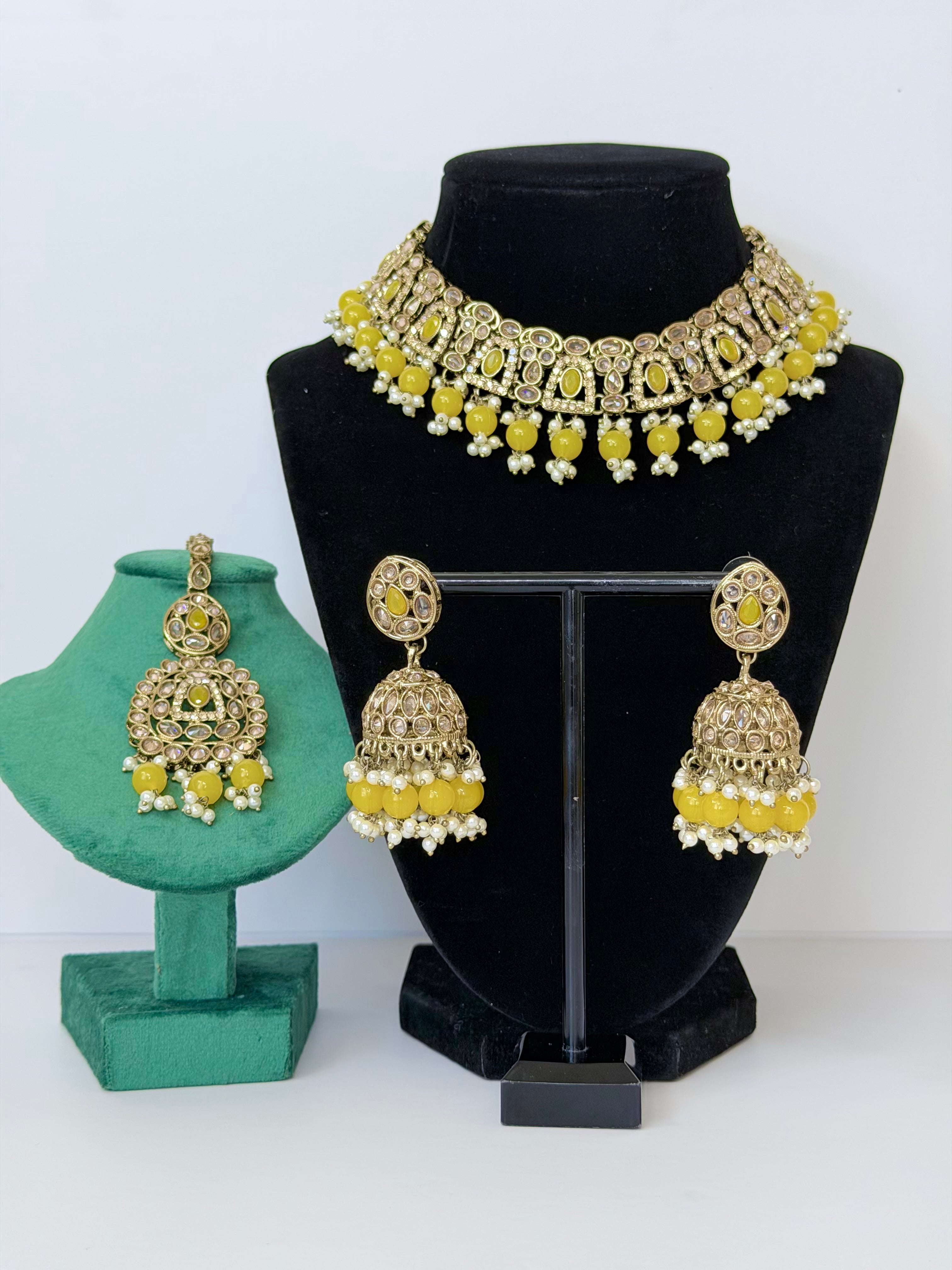 Bollywood Polki Esha Necklace Set with Jhumka and Tikka