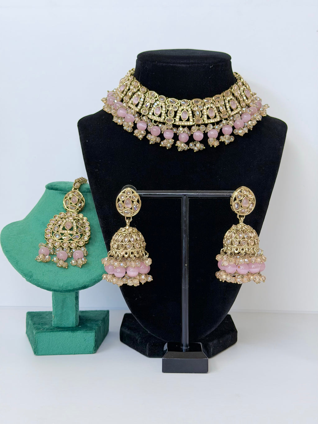 Bollywood Polki Esha Necklace Set with Jhumka and Tikka