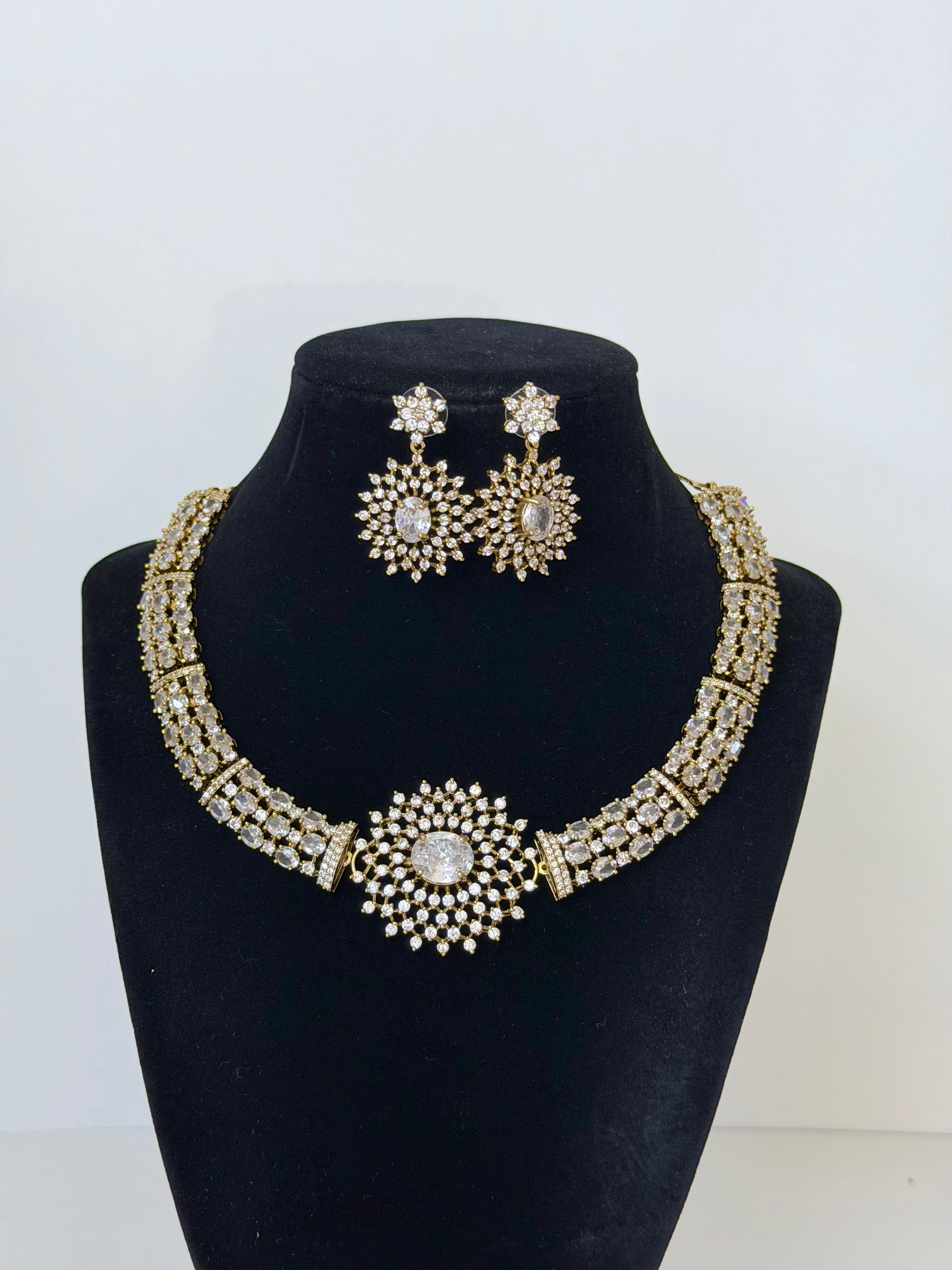American Diamond Nova Necklace Set with Earrings in Gold Base