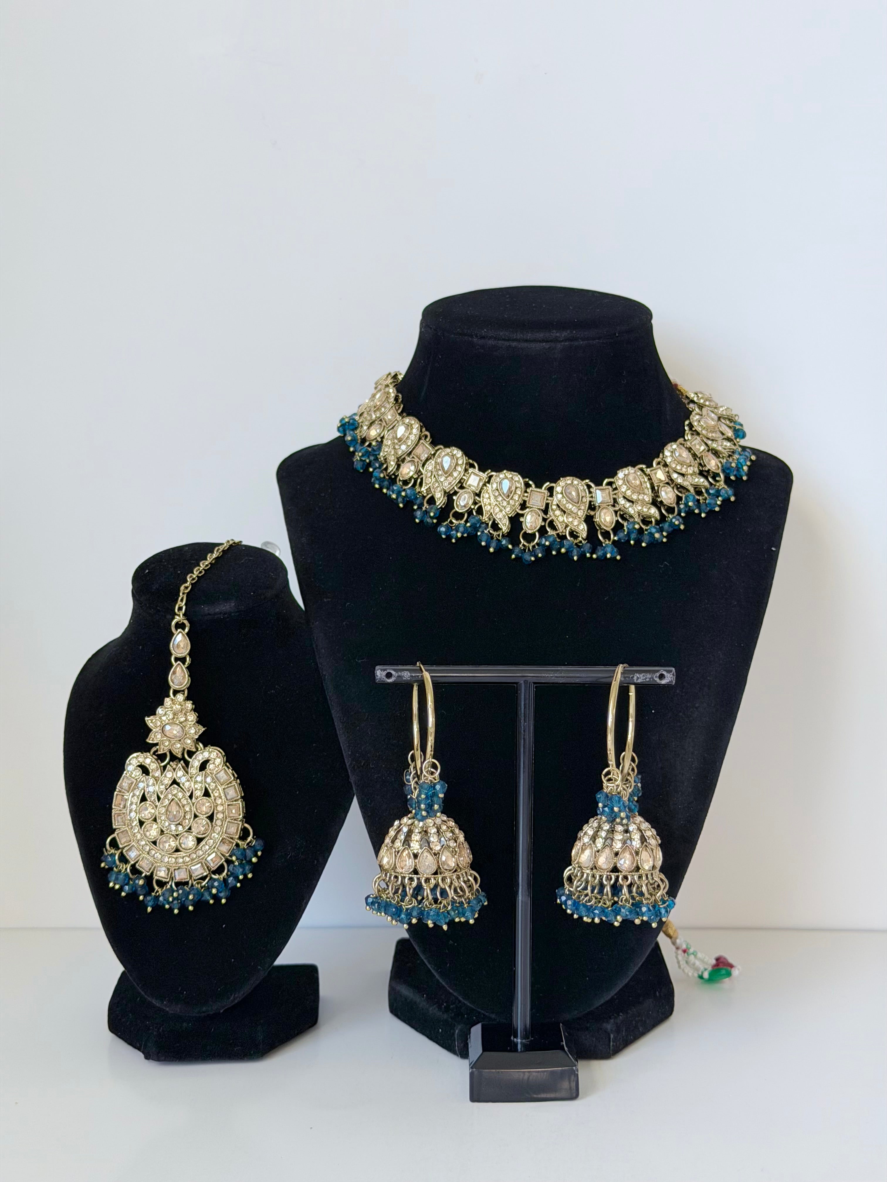Bollywood Prisha Stonework Necklace Set with Bali Jhumka and Mangtika