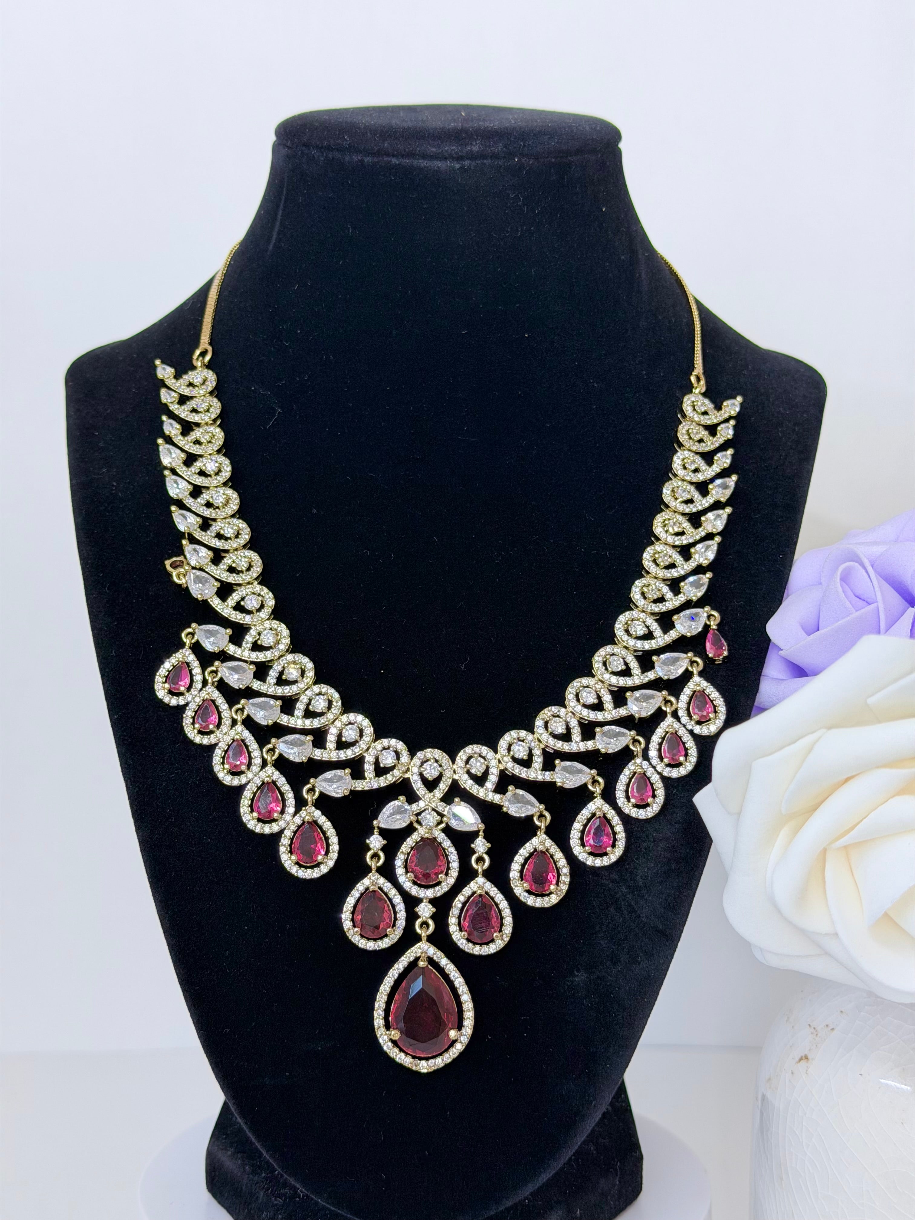 American Diamond Avira Necklace Set with Earrings in Gold Base