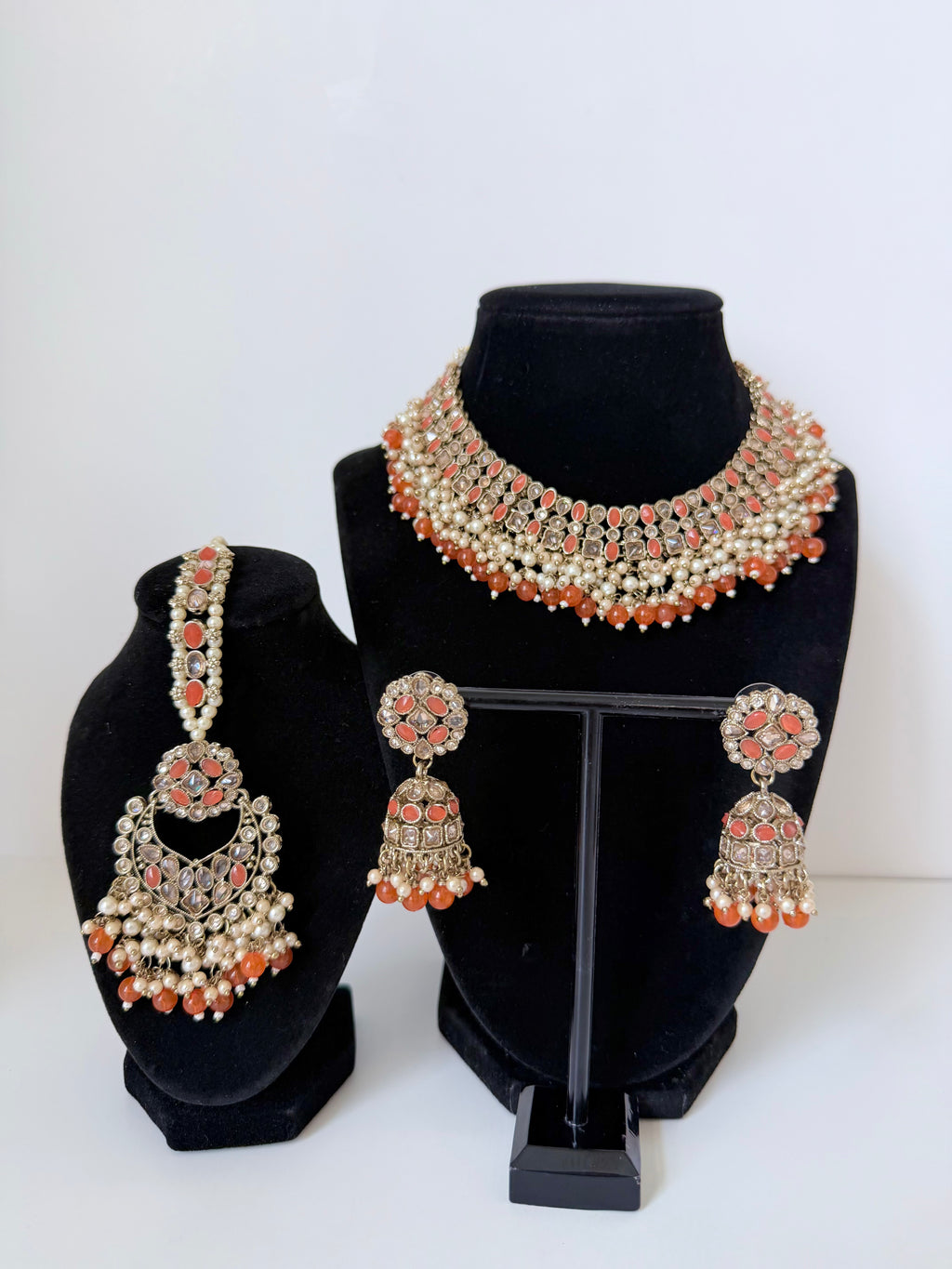 Bollywood Polki Pratha Necklace Set with Jhumka and Mangtika