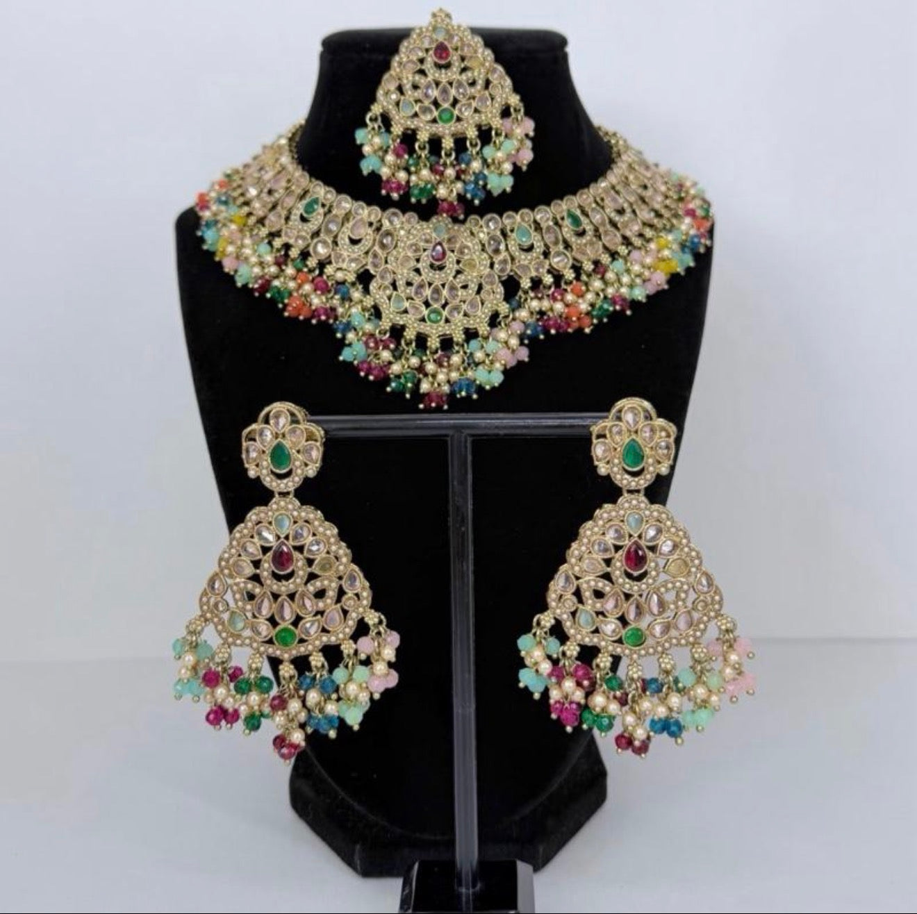 Bollywood Polki Deepika Necklace Set with Earrings and Tikka