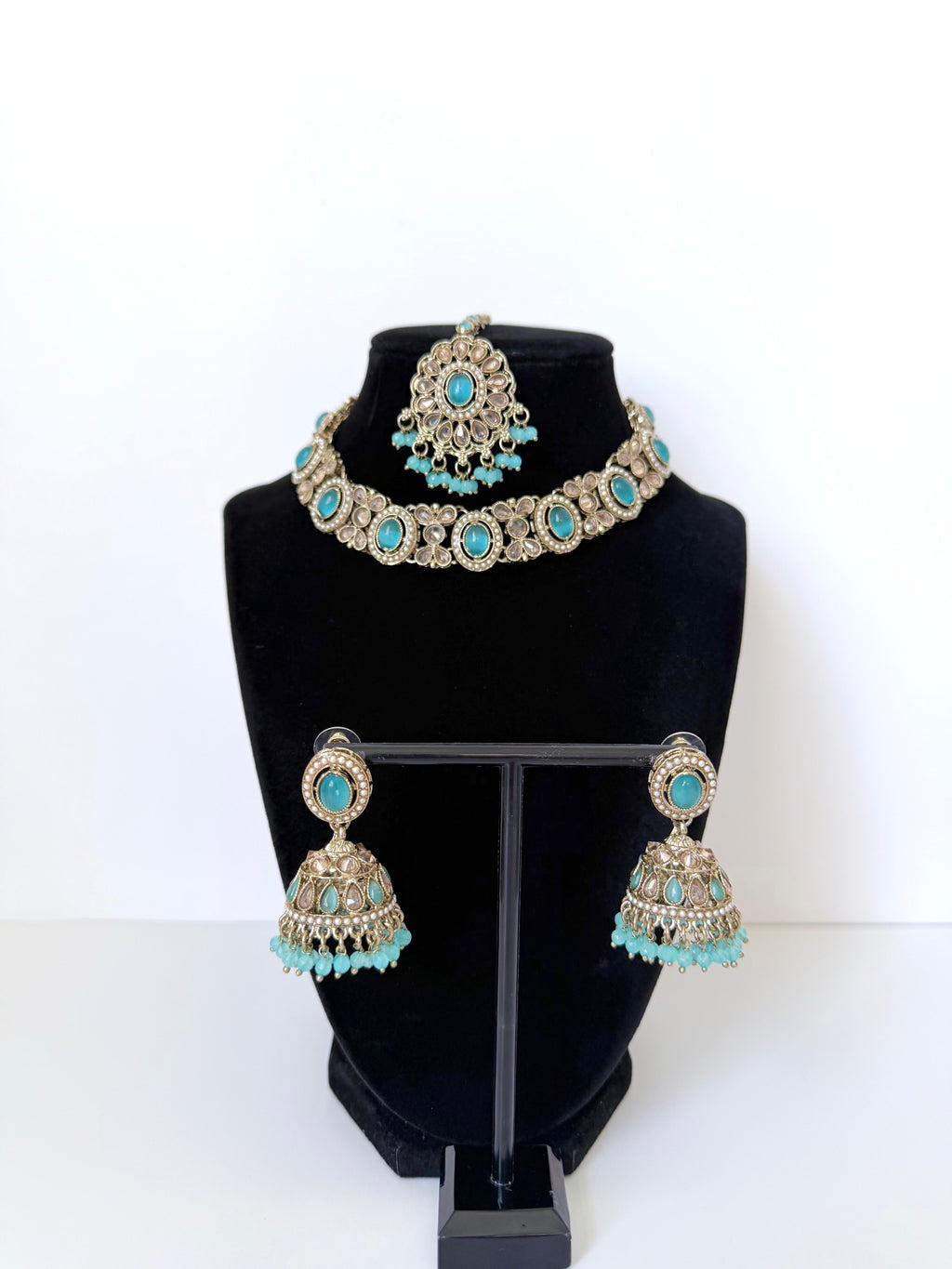 Bollywood Single Line Heer Necklace Set with Jhumka and Tikka