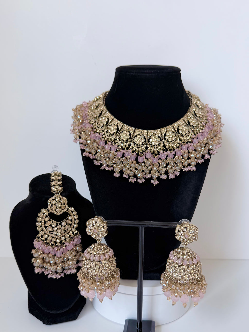 Bollywood Delina Stonework Necklace set with Jhumka and Mangtika