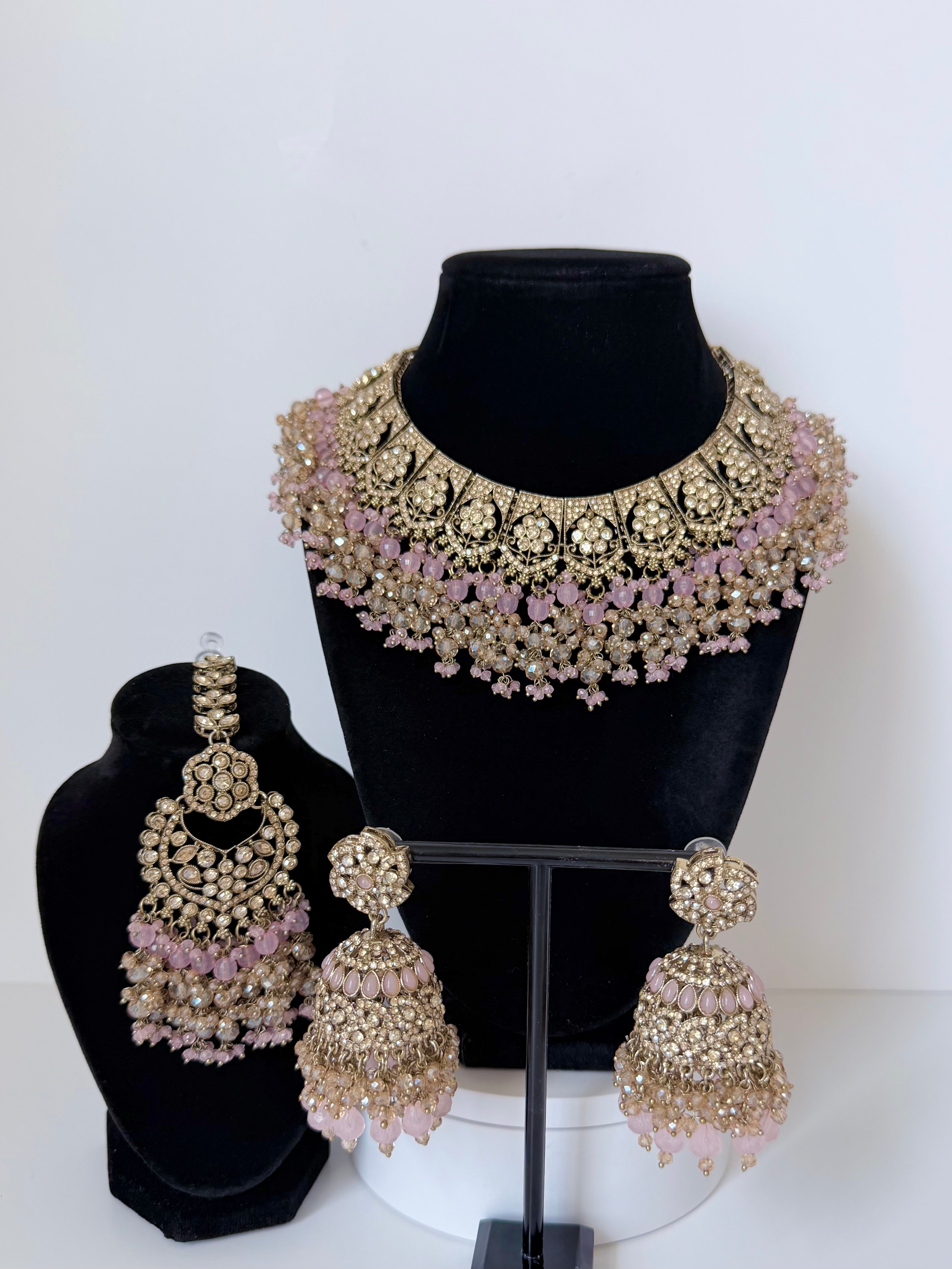 Bollywood Delina Stonework Necklace set with Jhumka and Mangtika