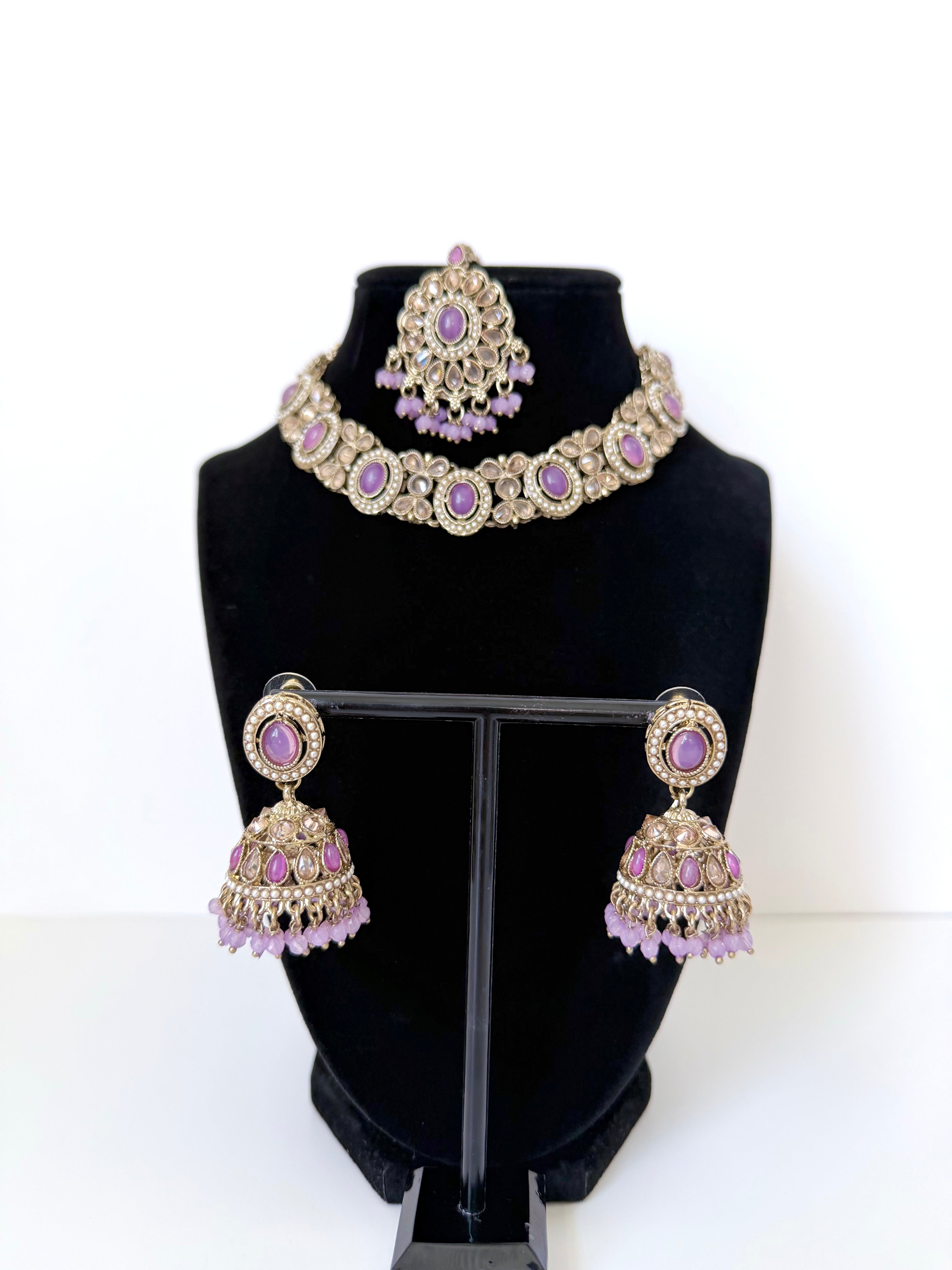 Bollywood Single Line Heer Necklace Set with Jhumka and Tikka
