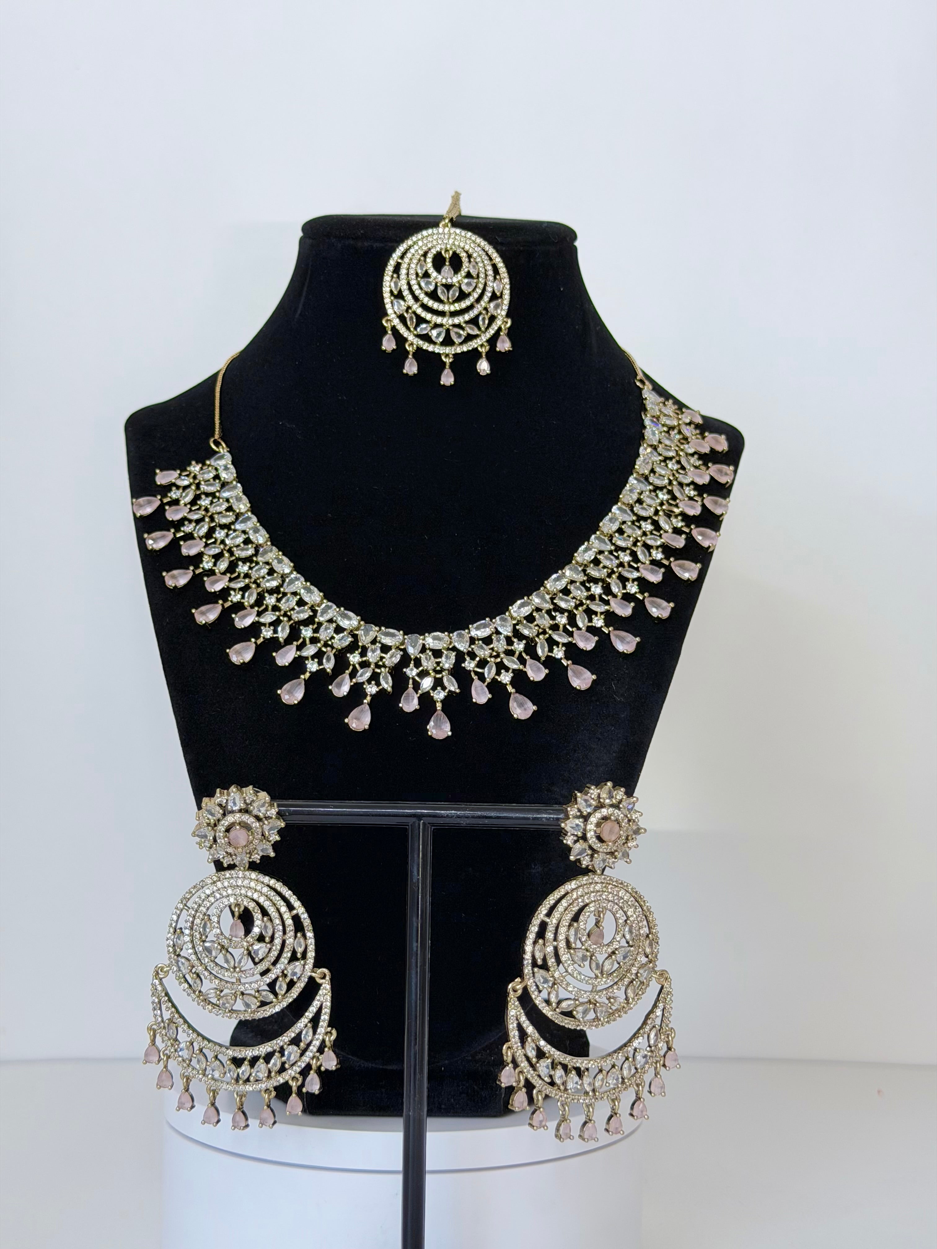 American Diamond Riyana Necklace Set with Earrings and Mangtika in Gold Base