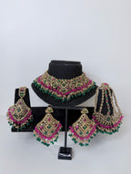 Bollywood Sairoon Polki and Stonework Necklace set with Earrings, Mangtika and Jhoomar