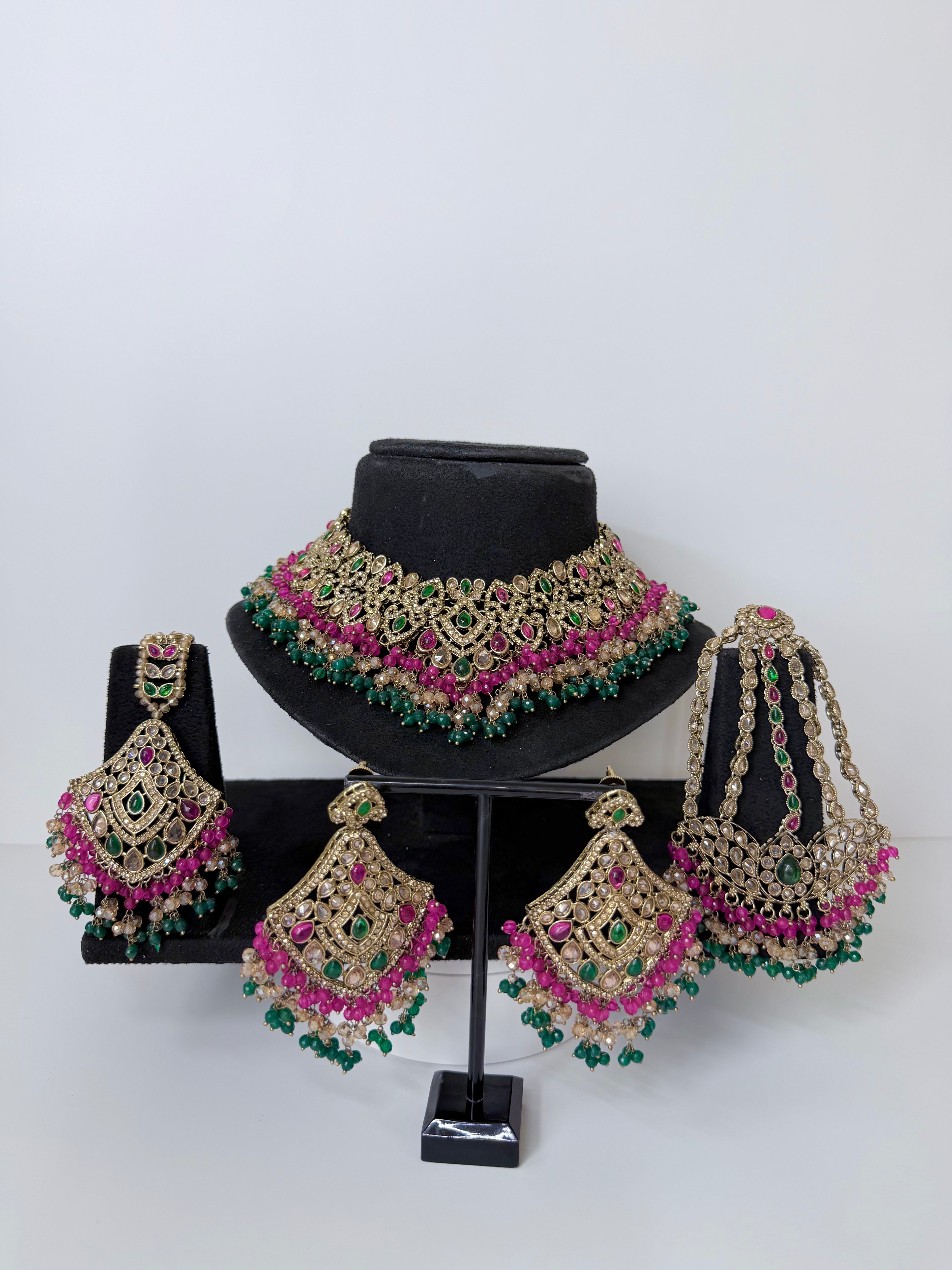 Bollywood Sairoon Polki and Stonework Necklace set with Earrings, Mangtika and Jhoomar