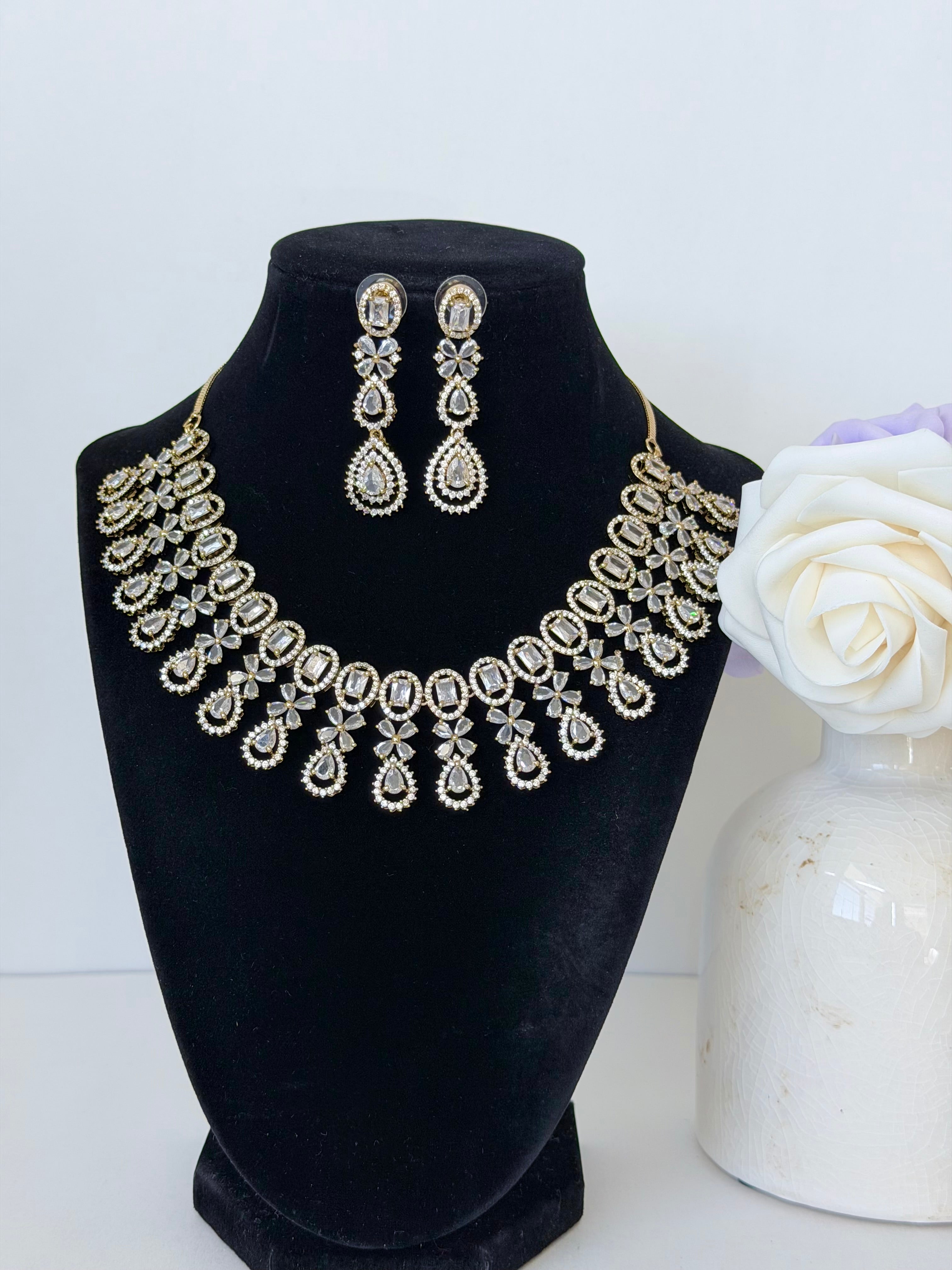 American Diamond Meira Necklace Set with Earrings in Gold Base